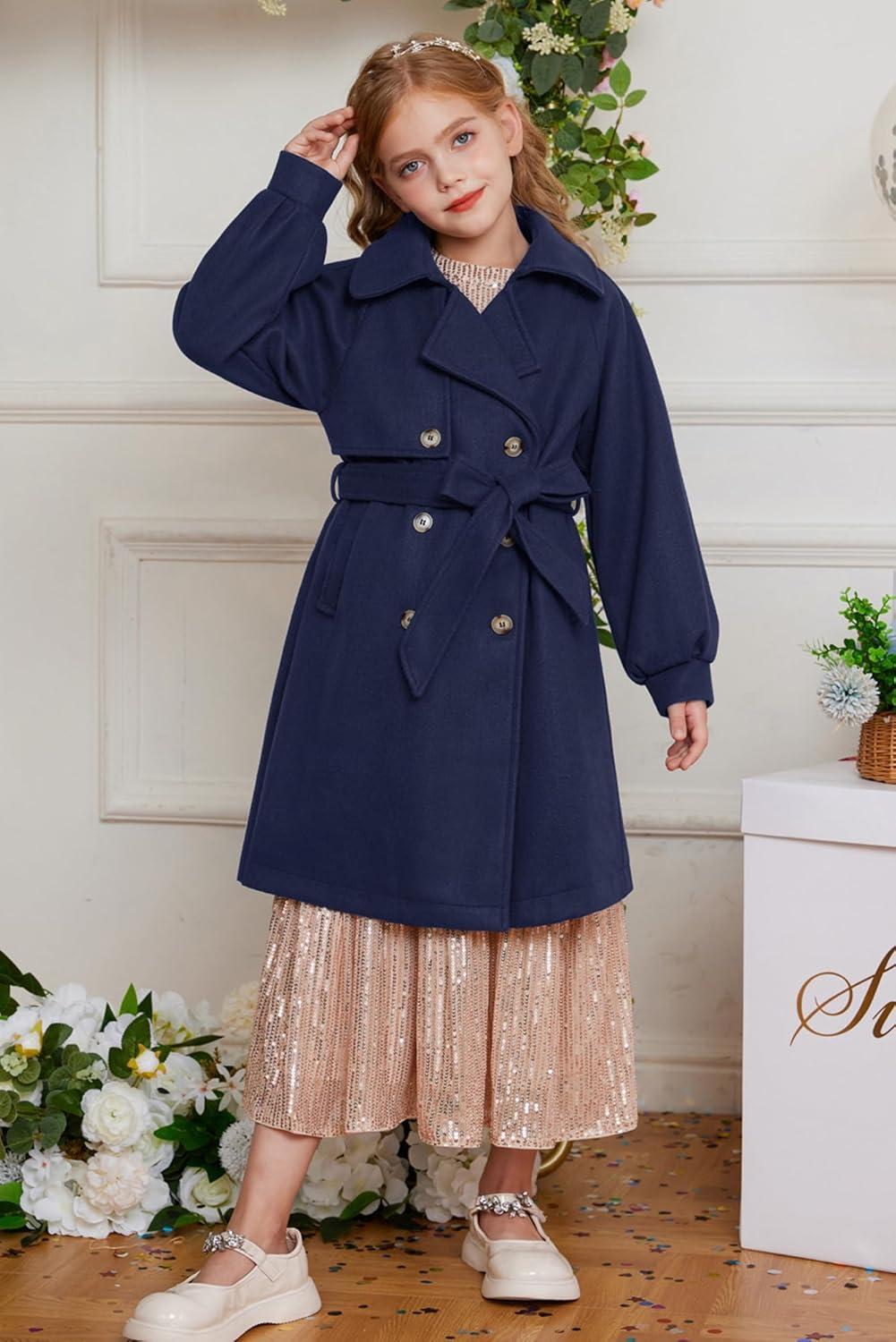 imageGRACE KARIN Girls Dress Coat Lapel Wool Blend Long Winter Jackets with Pockets Belt 614YNavy Blue