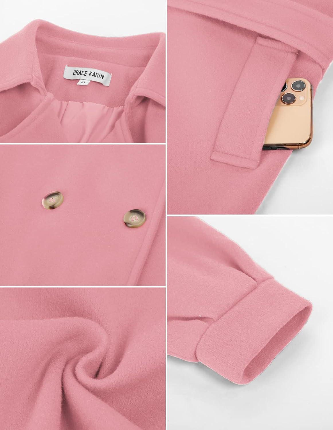 imageGRACE KARIN Girls Dress Coat Lapel Wool Blend Long Winter Jackets with Pockets Belt 614YPink