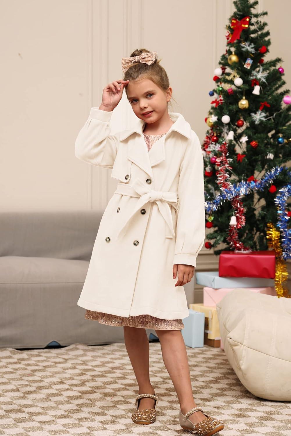 imageGRACE KARIN Girls Dress Coat Lapel Wool Blend Long Winter Jackets with Pockets Belt 614YWhite