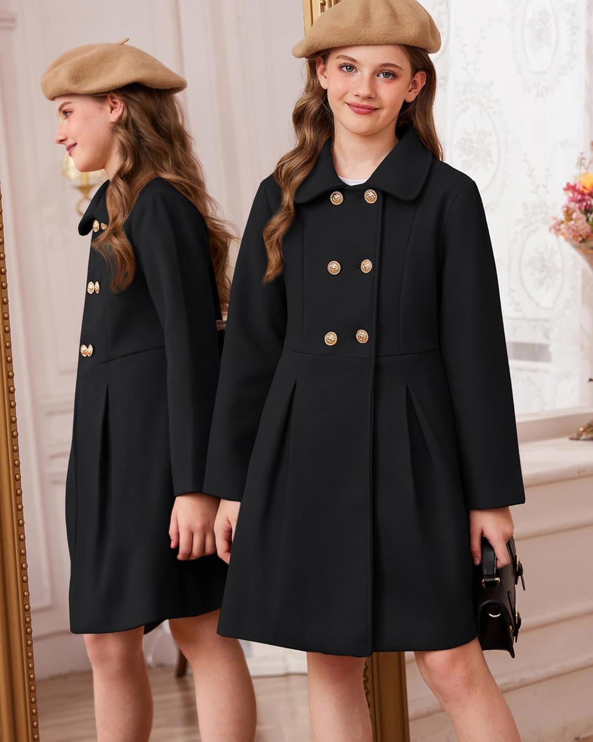imageGRACE KARIN Girls Dress Coat Wool Peacoat with Lapel Pockets Winter Warm Long Jacket for Kids Size 614Black