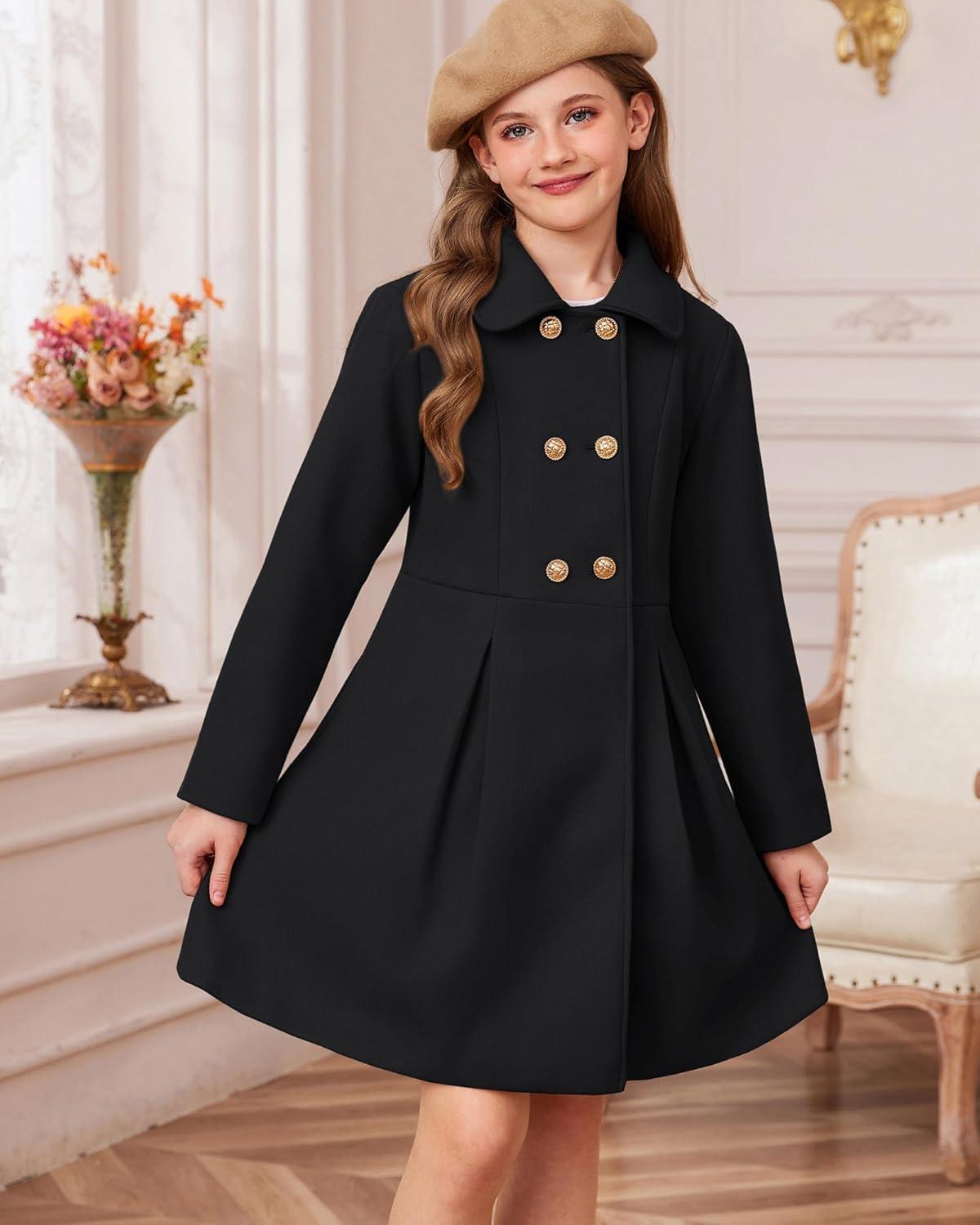 imageGRACE KARIN Girls Dress Coat Wool Peacoat with Lapel Pockets Winter Warm Long Jacket for Kids Size 614Black