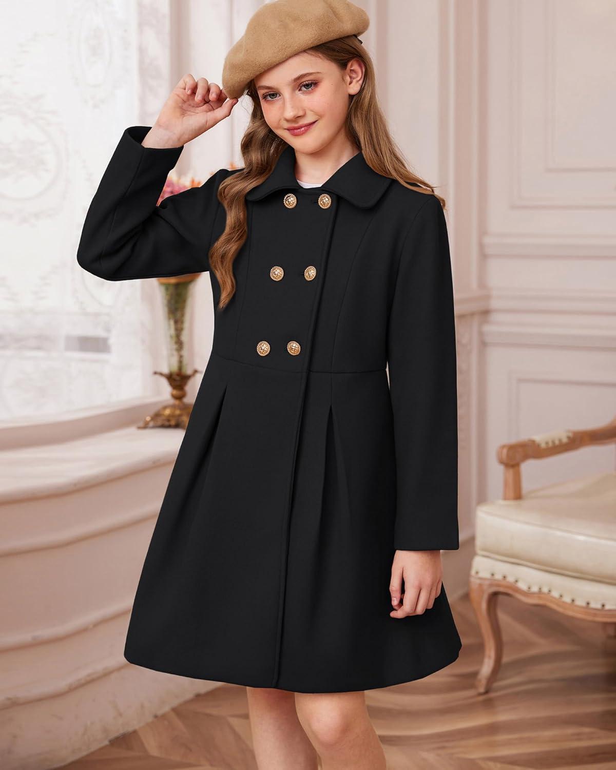 imageGRACE KARIN Girls Dress Coat Wool Peacoat with Lapel Pockets Winter Warm Long Jacket for Kids Size 614Black