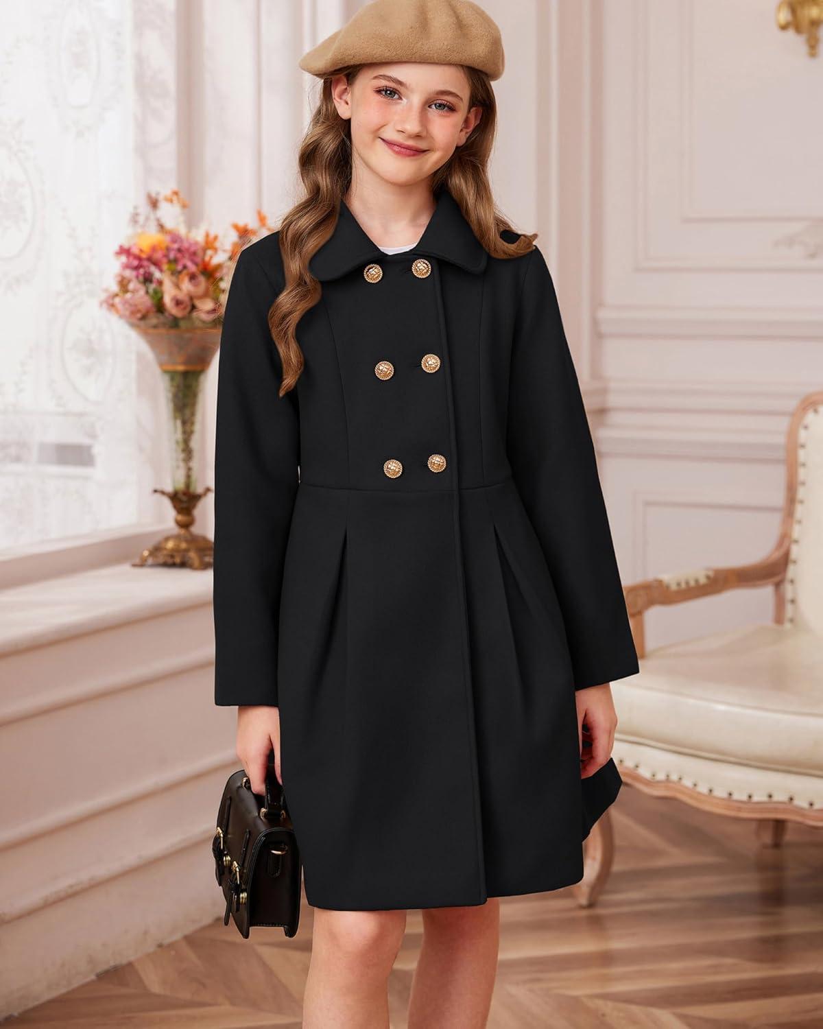 imageGRACE KARIN Girls Dress Coat Wool Peacoat with Lapel Pockets Winter Warm Long Jacket for Kids Size 614Black