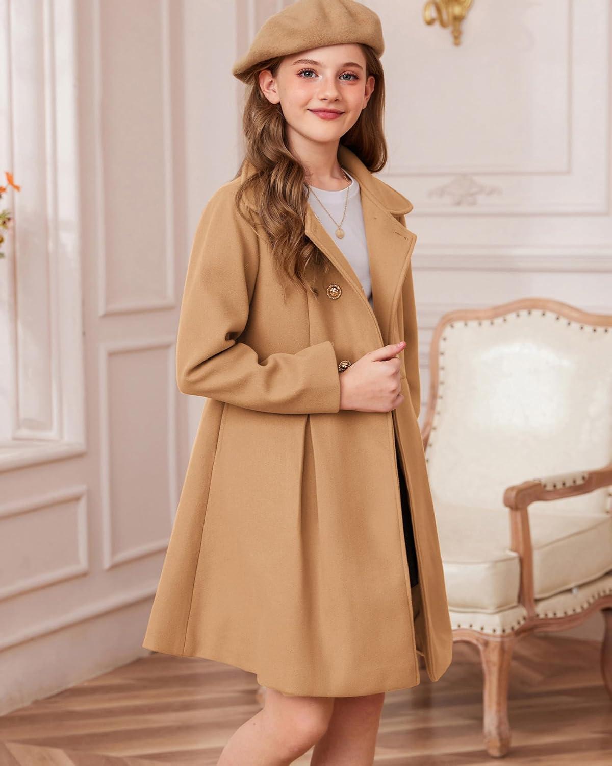 imageGRACE KARIN Girls Dress Coat Wool Peacoat with Lapel Pockets Winter Warm Long Jacket for Kids Size 614Khaki