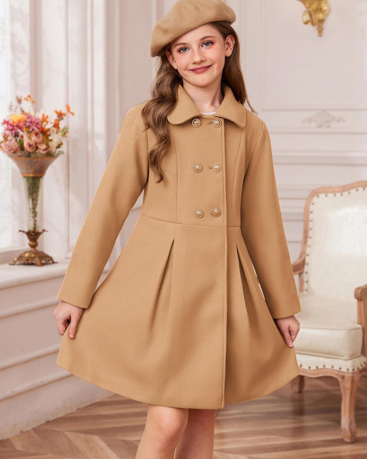 imageGRACE KARIN Girls Dress Coat Wool Peacoat with Lapel Pockets Winter Warm Long Jacket for Kids Size 614Khaki