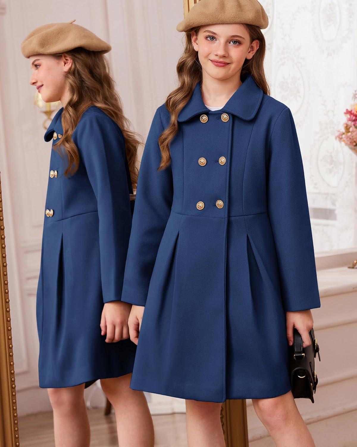 imageGRACE KARIN Girls Dress Coat Wool Peacoat with Lapel Pockets Winter Warm Long Jacket for Kids Size 614Navy Blue