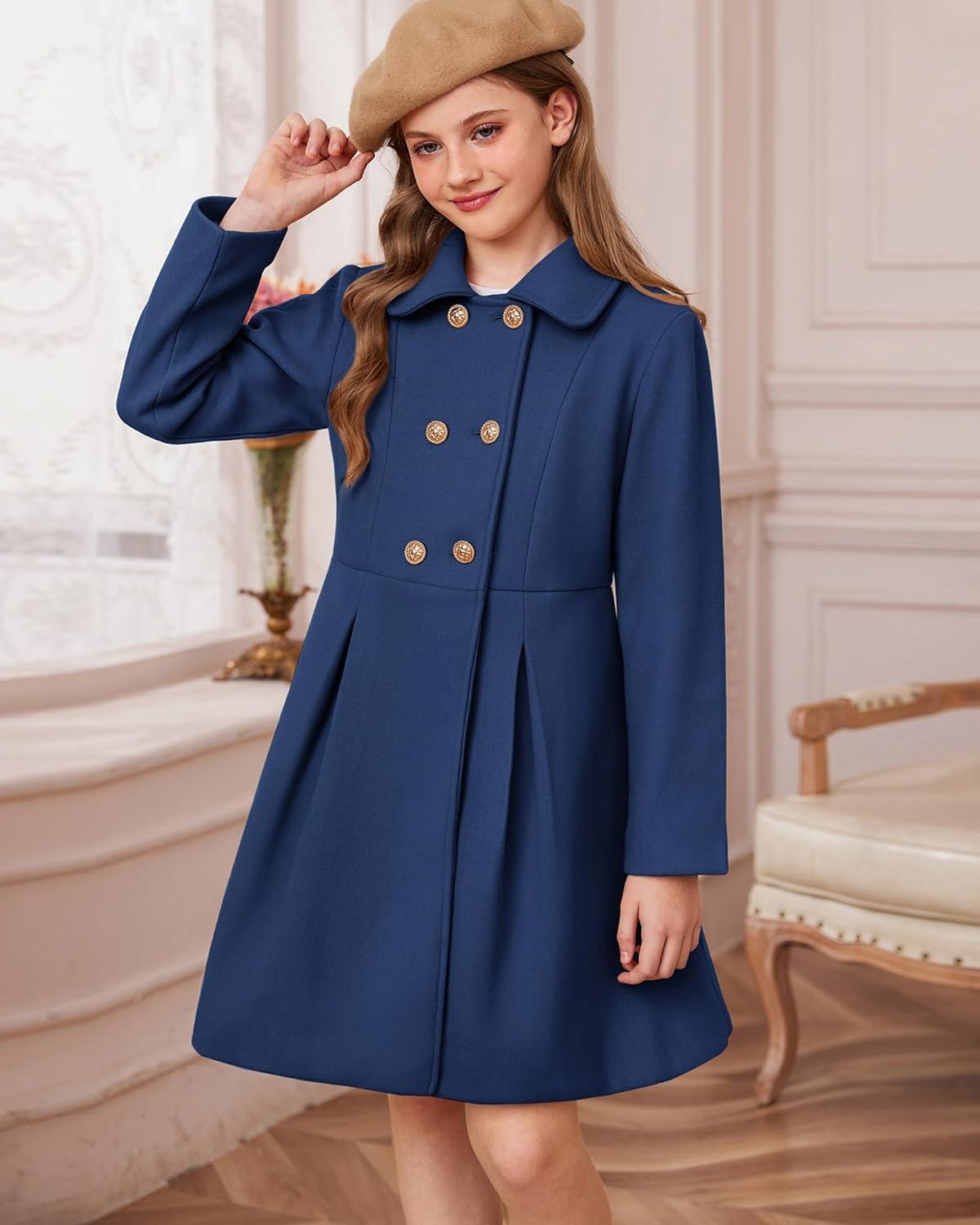 imageGRACE KARIN Girls Dress Coat Wool Peacoat with Lapel Pockets Winter Warm Long Jacket for Kids Size 614Navy Blue