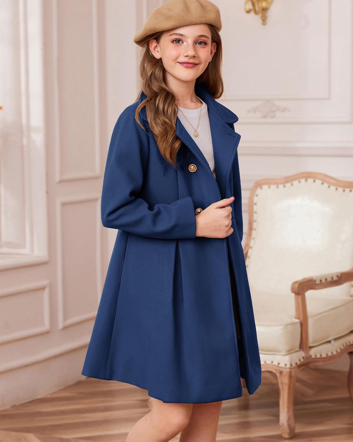 imageGRACE KARIN Girls Dress Coat Wool Peacoat with Lapel Pockets Winter Warm Long Jacket for Kids Size 614Navy Blue