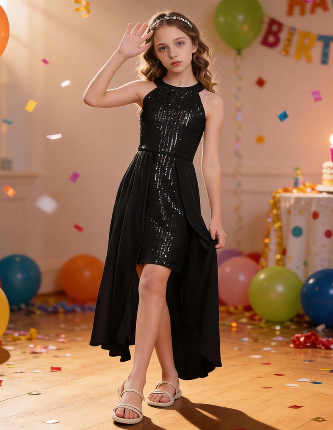 imageGRACE KARIN Girls Halter Neck Sequin Dress 614Y Kids Fancy Formal Party Christmas Sparkly Pageant Birthday DressesBlack