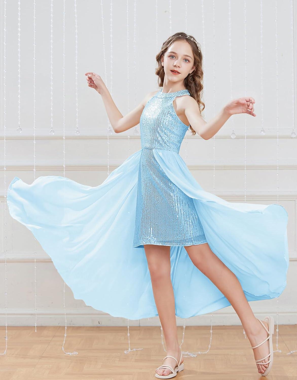 imageGRACE KARIN Girls Halter Neck Sequin Dress 614Y Kids Fancy Formal Party Christmas Sparkly Pageant Birthday DressesBlue