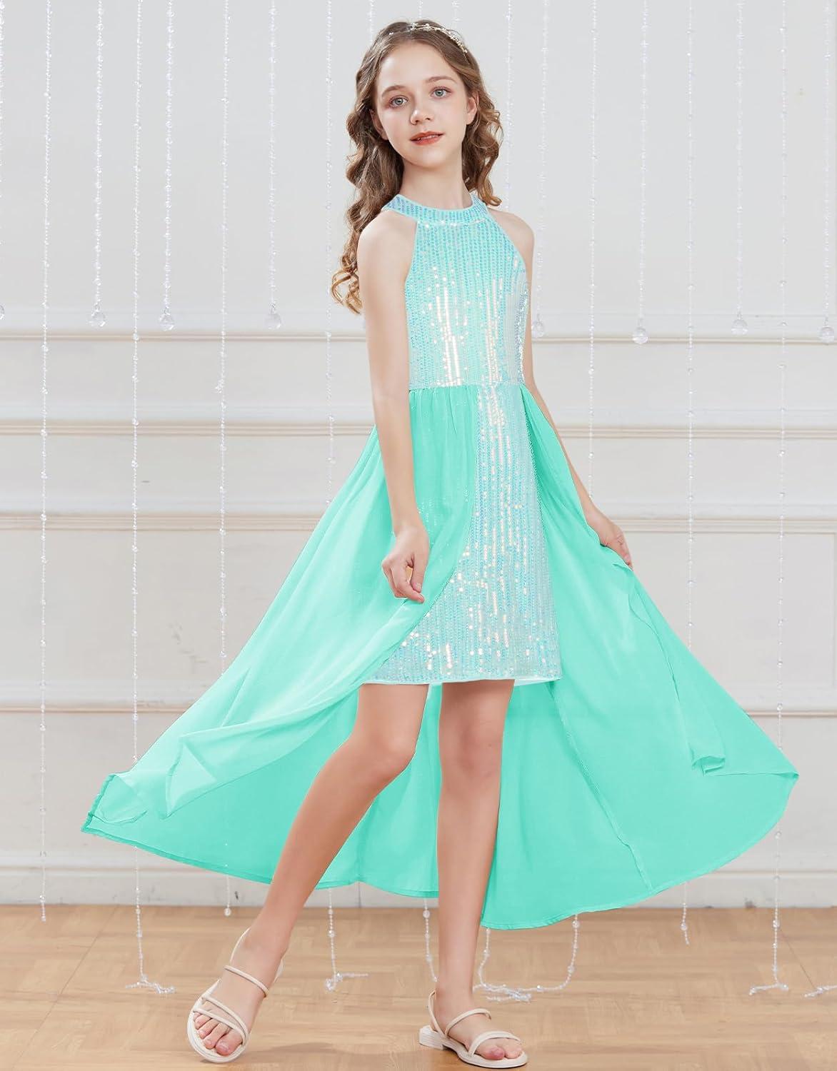 imageGRACE KARIN Girls Halter Neck Sequin Dress 614Y Kids Fancy Formal Party Christmas Sparkly Pageant Birthday DressesLight Blue