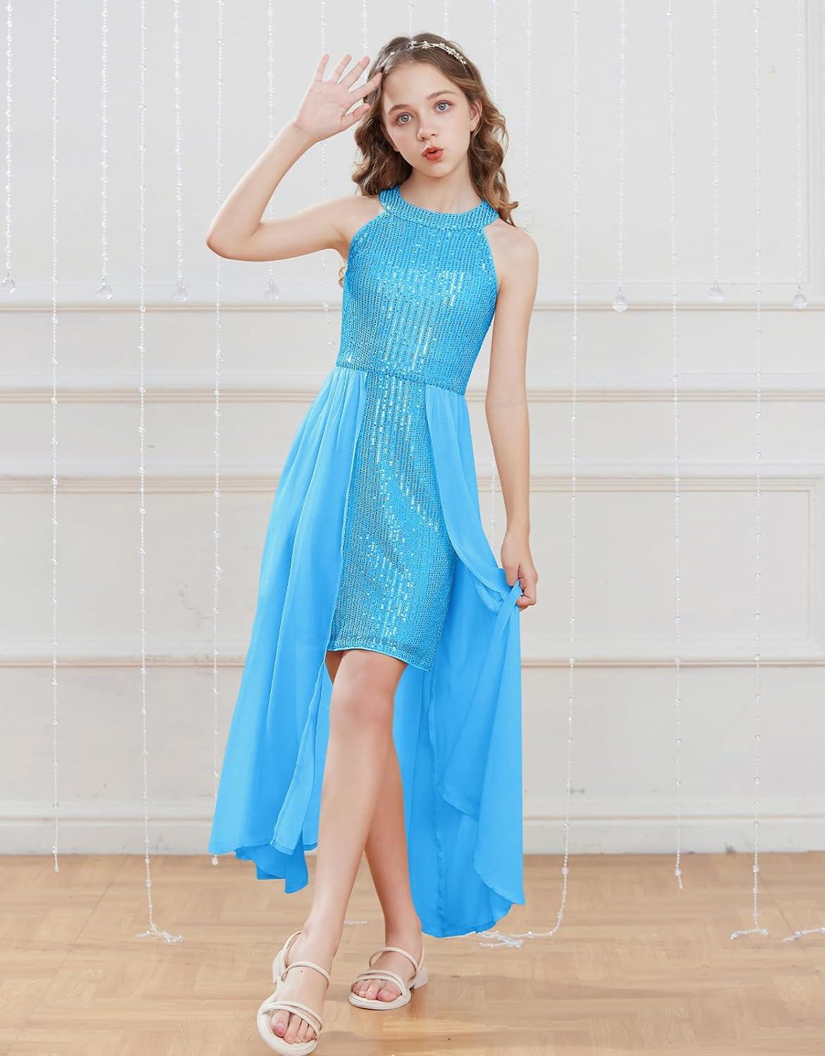 imageGRACE KARIN Girls Halter Neck Sequin Dress 614Y Kids Fancy Formal Party Christmas Sparkly Pageant Birthday DressesSky Blue