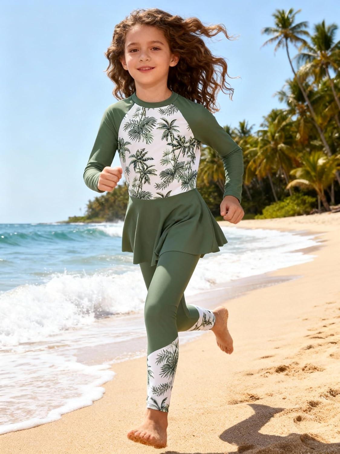 imageGRACE KARIN Girls Long Sleeve Swimsuit Mermaid Bathing Suit Rash Guard Swimwear 4 Piece Size 512Army Green Coconut Tree