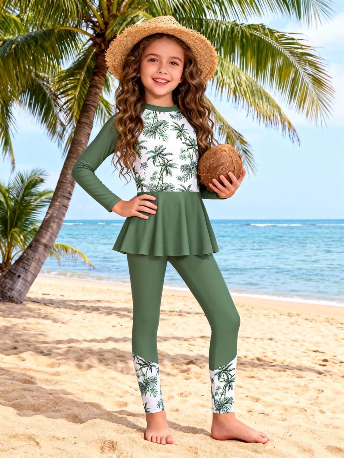 imageGRACE KARIN Girls Long Sleeve Swimsuit Mermaid Bathing Suit Rash Guard Swimwear 4 Piece Size 512Army Green Coconut Tree