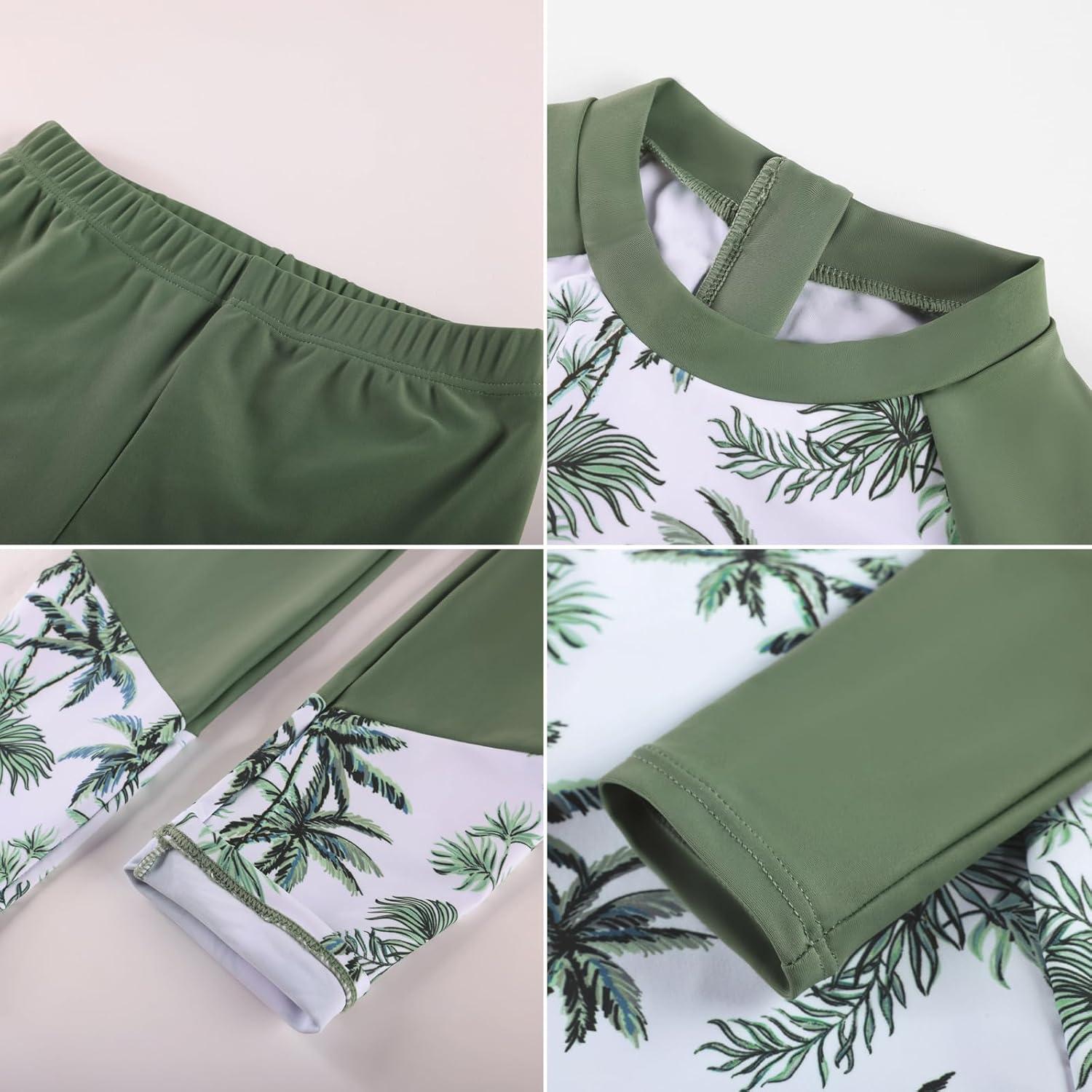 imageGRACE KARIN Girls Long Sleeve Swimsuit Mermaid Bathing Suit Rash Guard Swimwear 4 Piece Size 512Army Green Coconut Tree