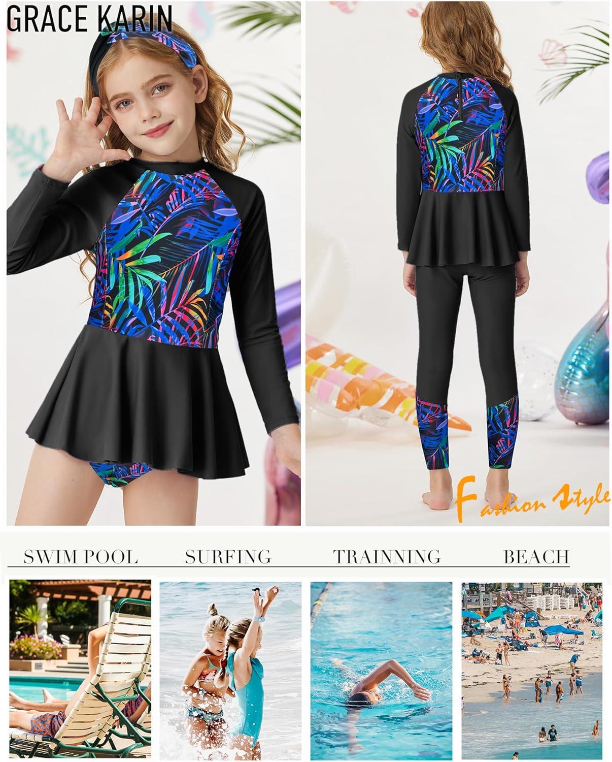 imageGRACE KARIN Girls Long Sleeve Swimsuit Mermaid Bathing Suit Rash Guard Swimwear 4 Piece Size 512Blackcoconut