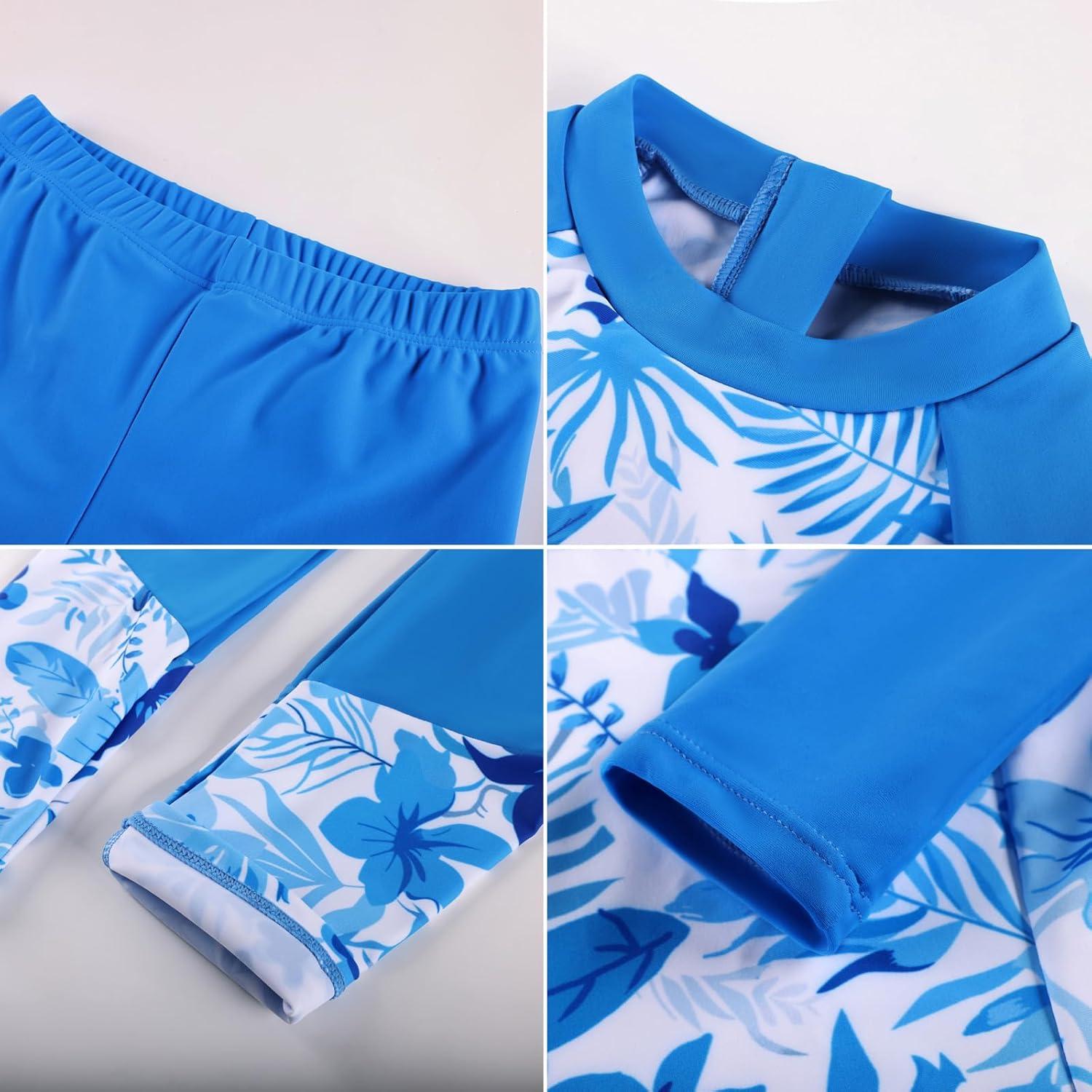 imageGRACE KARIN Girls Long Sleeve Swimsuit Mermaid Bathing Suit Rash Guard Swimwear 4 Piece Size 512Blue and White Leaves