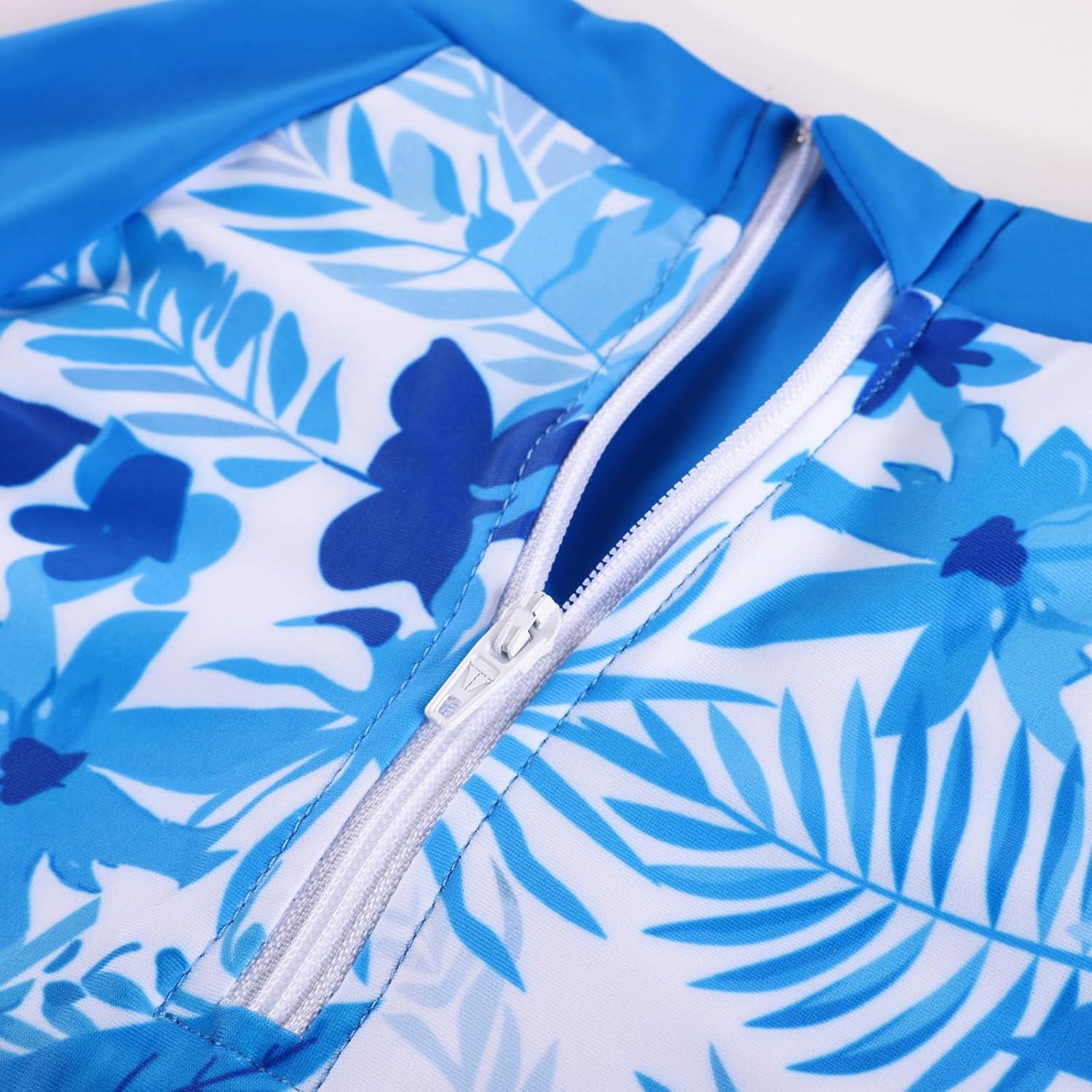 imageGRACE KARIN Girls Long Sleeve Swimsuit Mermaid Bathing Suit Rash Guard Swimwear 4 Piece Size 512Blue and White Leaves