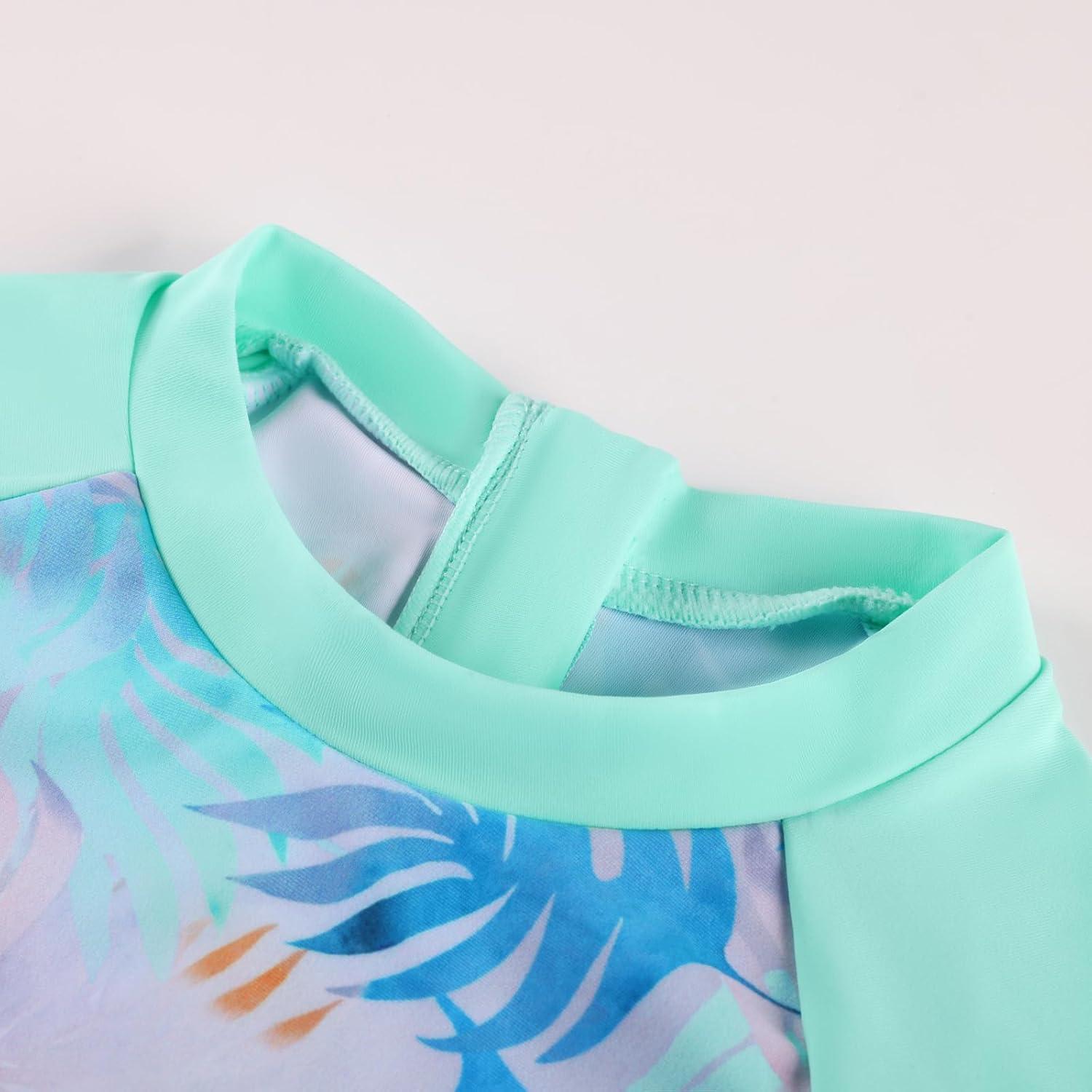 imageGRACE KARIN Girls Long Sleeve Swimsuit Mermaid Bathing Suit Rash Guard Swimwear 4 Piece Size 512Bluegreen Leaves