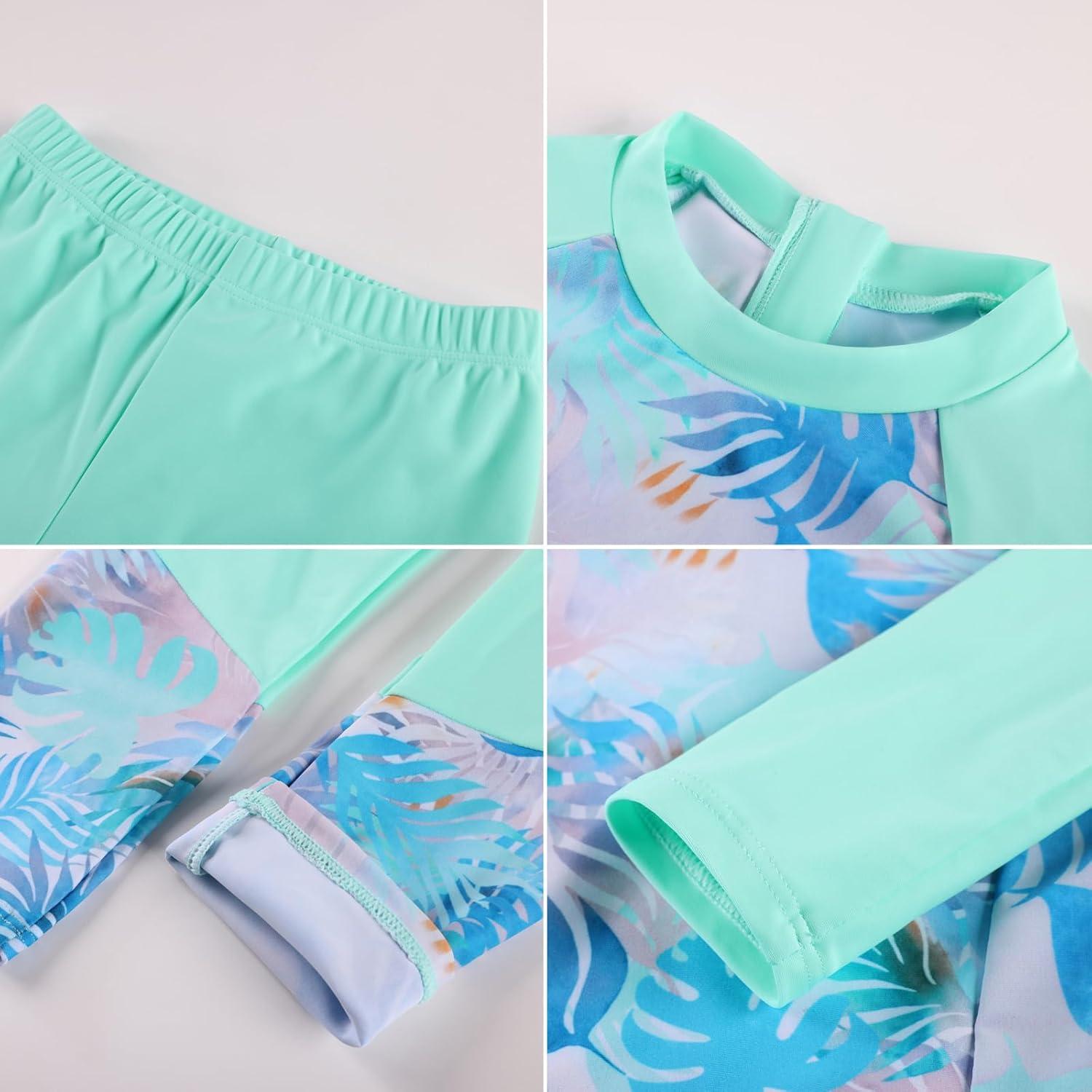 imageGRACE KARIN Girls Long Sleeve Swimsuit Mermaid Bathing Suit Rash Guard Swimwear 4 Piece Size 512Bluegreen Leaves