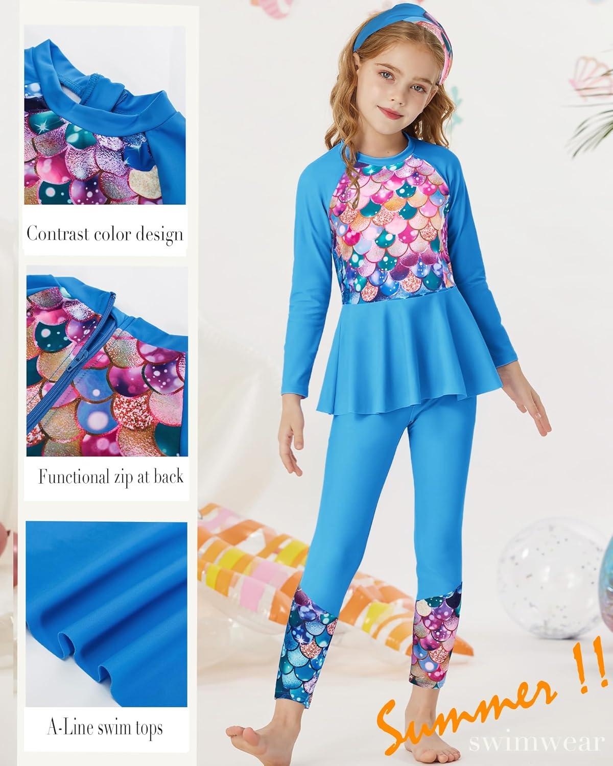 imageGRACE KARIN Girls Long Sleeve Swimsuit Mermaid Bathing Suit Rash Guard Swimwear 4 Piece Size 512Bluemermaid