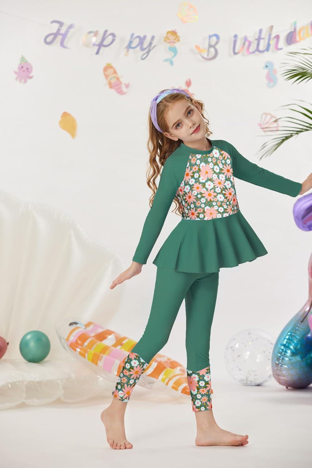 imageGRACE KARIN Girls Long Sleeve Swimsuit Mermaid Bathing Suit Rash Guard Swimwear 4 Piece Size 512Deep Greendaisy