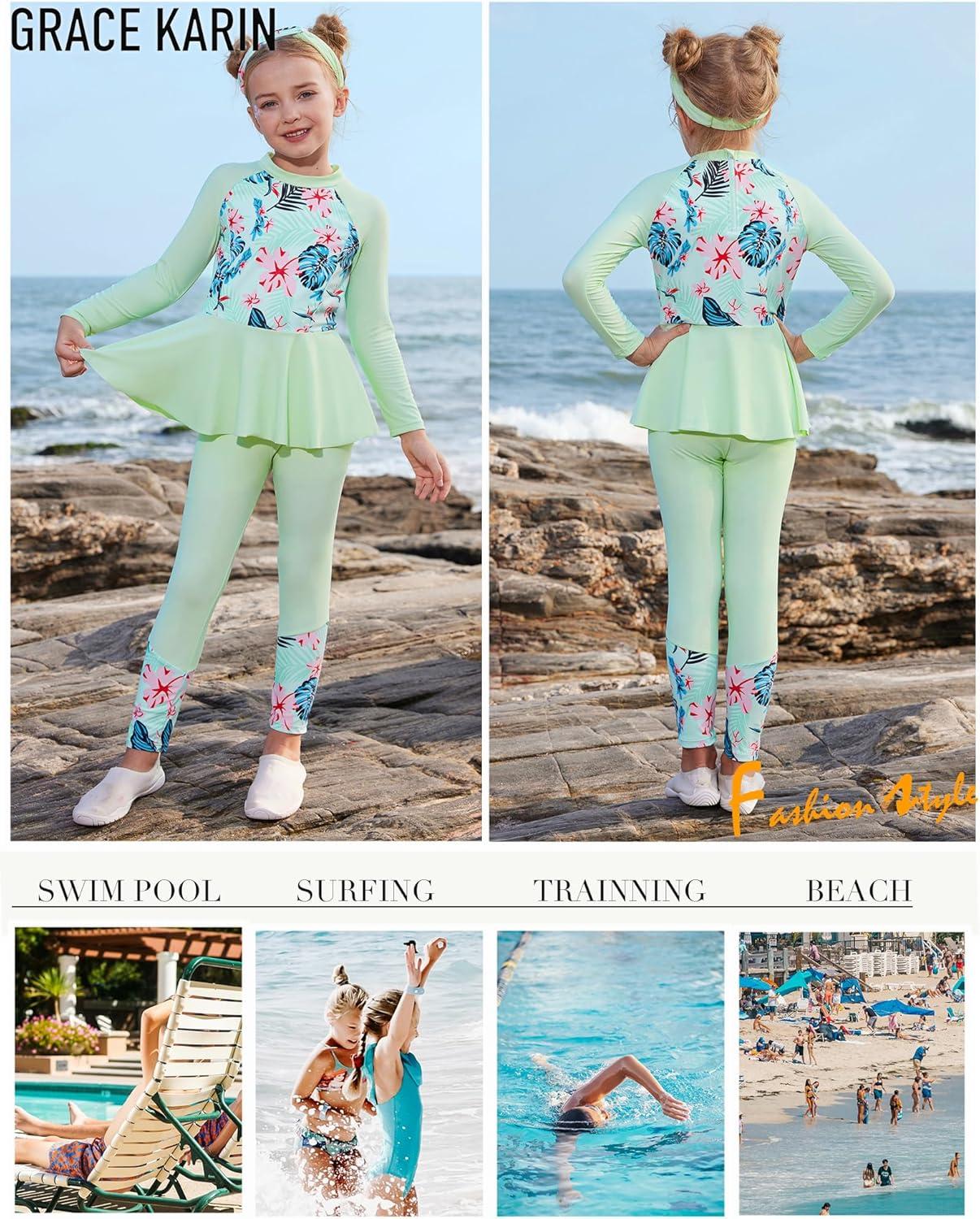imageGRACE KARIN Girls Long Sleeve Swimsuit Mermaid Bathing Suit Rash Guard Swimwear 4 Piece Size 512Greenfloral