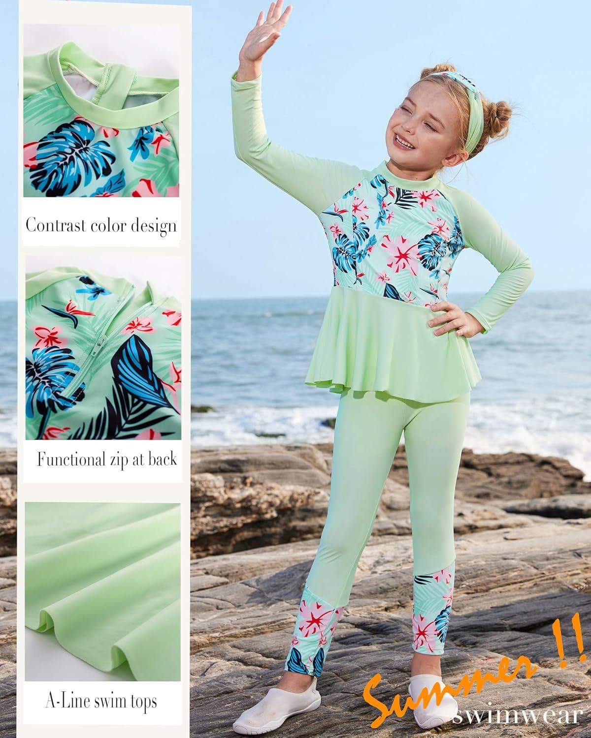 imageGRACE KARIN Girls Long Sleeve Swimsuit Mermaid Bathing Suit Rash Guard Swimwear 4 Piece Size 512Greenfloral