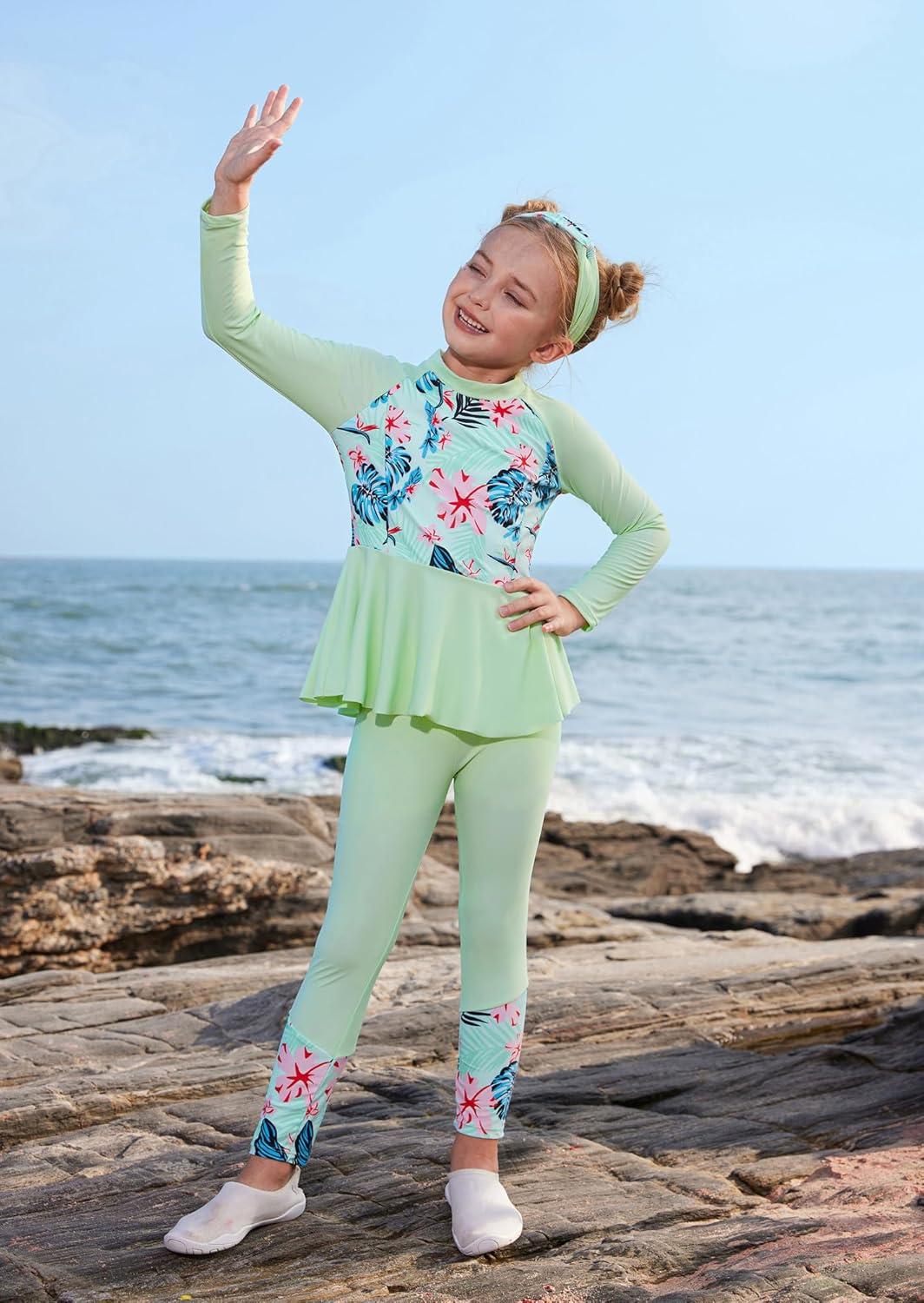 imageGRACE KARIN Girls Long Sleeve Swimsuit Mermaid Bathing Suit Rash Guard Swimwear 4 Piece Size 512Greenfloral