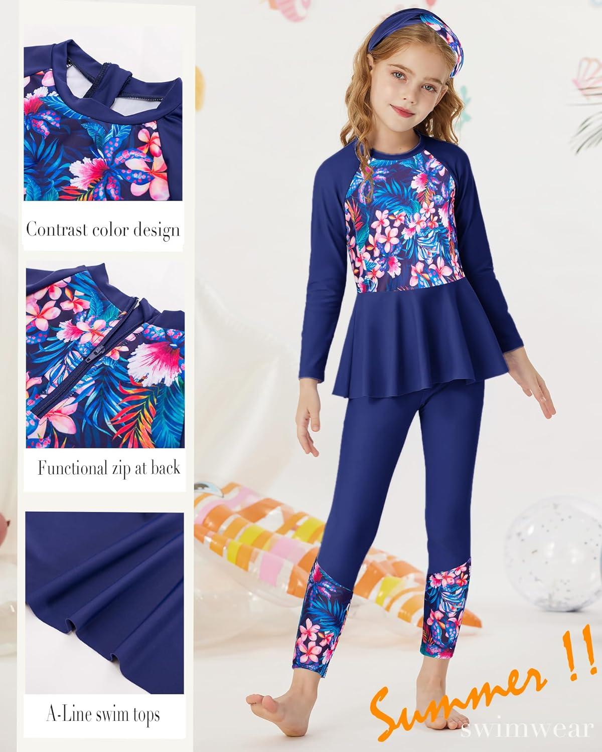 imageGRACE KARIN Girls Long Sleeve Swimsuit Mermaid Bathing Suit Rash Guard Swimwear 4 Piece Size 512Navyfloral
