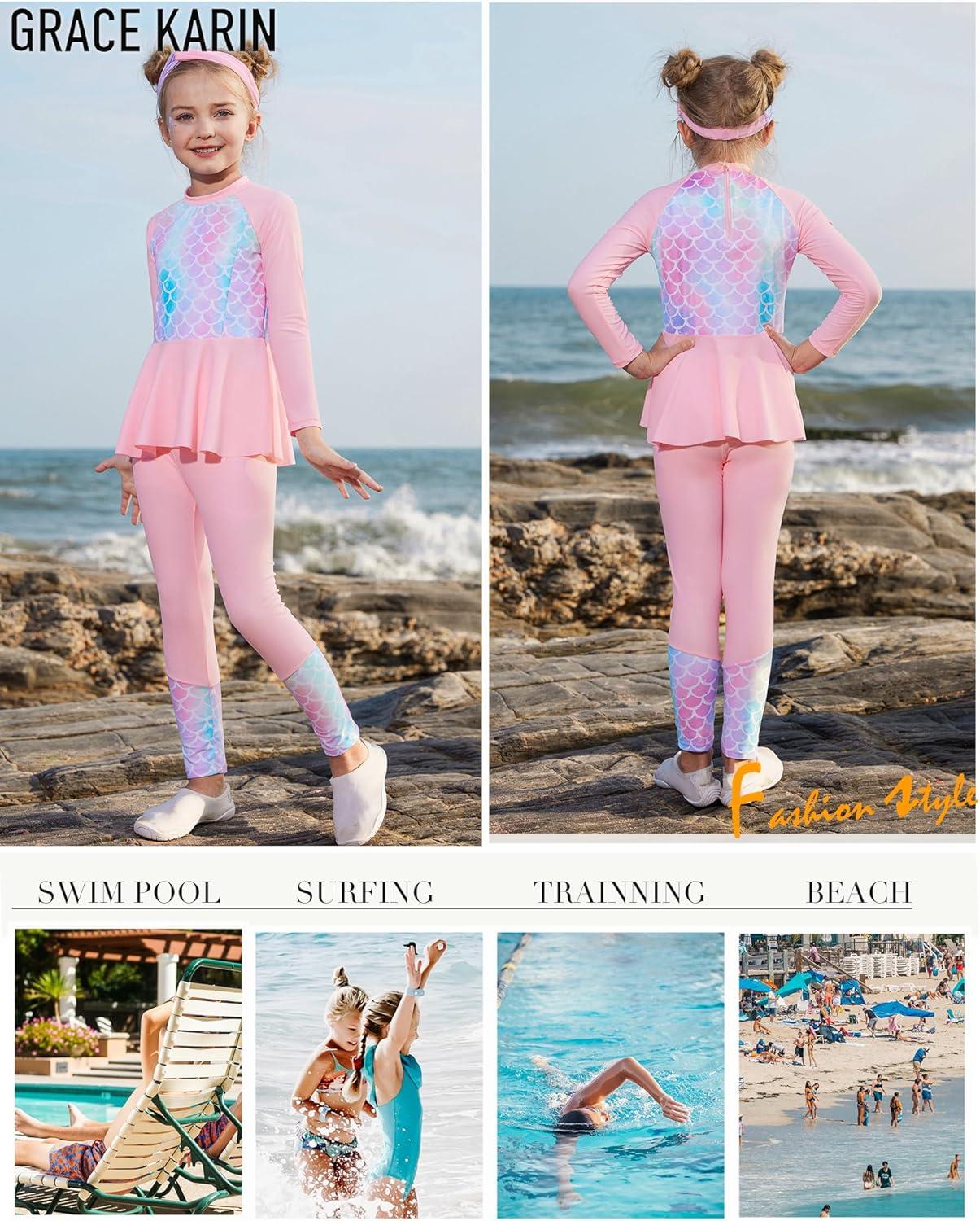 imageGRACE KARIN Girls Long Sleeve Swimsuit Mermaid Bathing Suit Rash Guard Swimwear 4 Piece Size 512Pinkmermaid