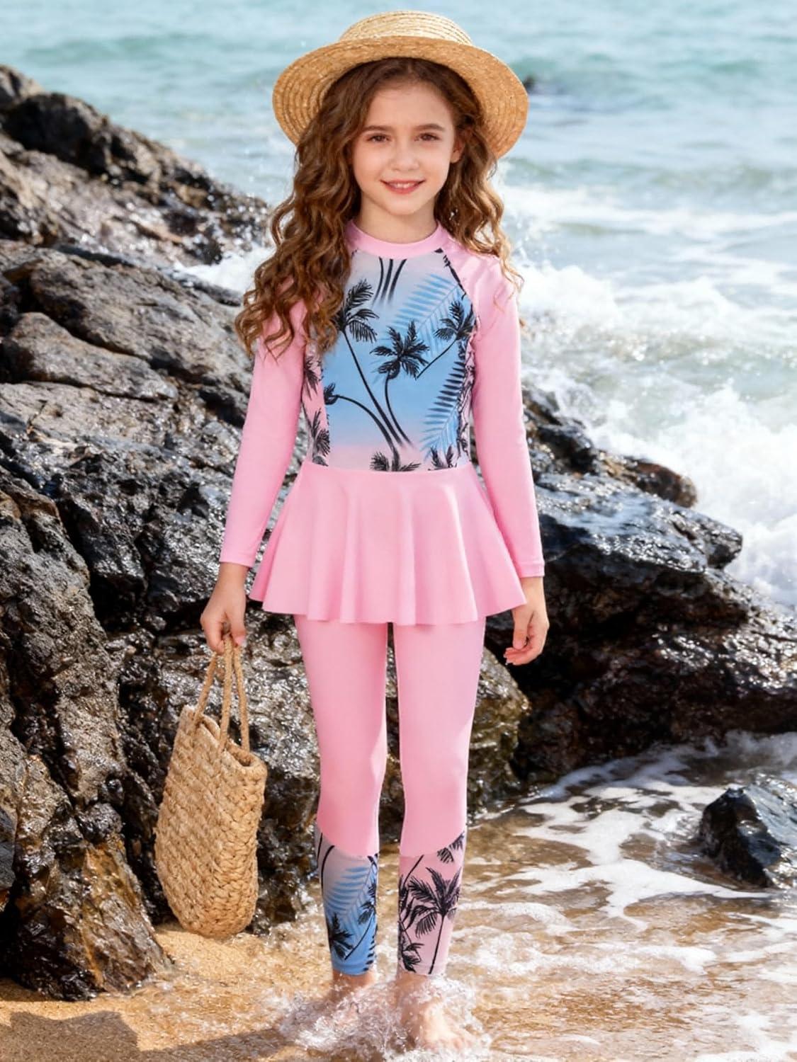 imageGRACE KARIN Girls Long Sleeve Swimsuit Mermaid Bathing Suit Rash Guard Swimwear 4 Piece Size 512Powder Blue Leaves