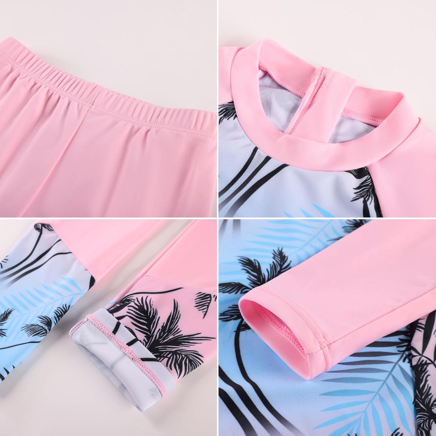 imageGRACE KARIN Girls Long Sleeve Swimsuit Mermaid Bathing Suit Rash Guard Swimwear 4 Piece Size 512Powder Blue Leaves