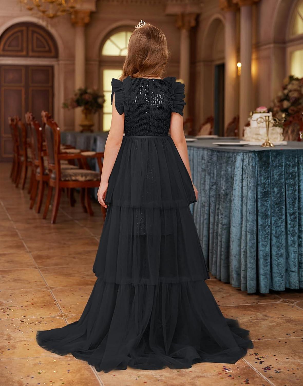 imageGRACE KARIN Girls Sequin Dress Formal Pageant Sparkle Party Ruffle Prom Maxi Dress Size 514YBlack