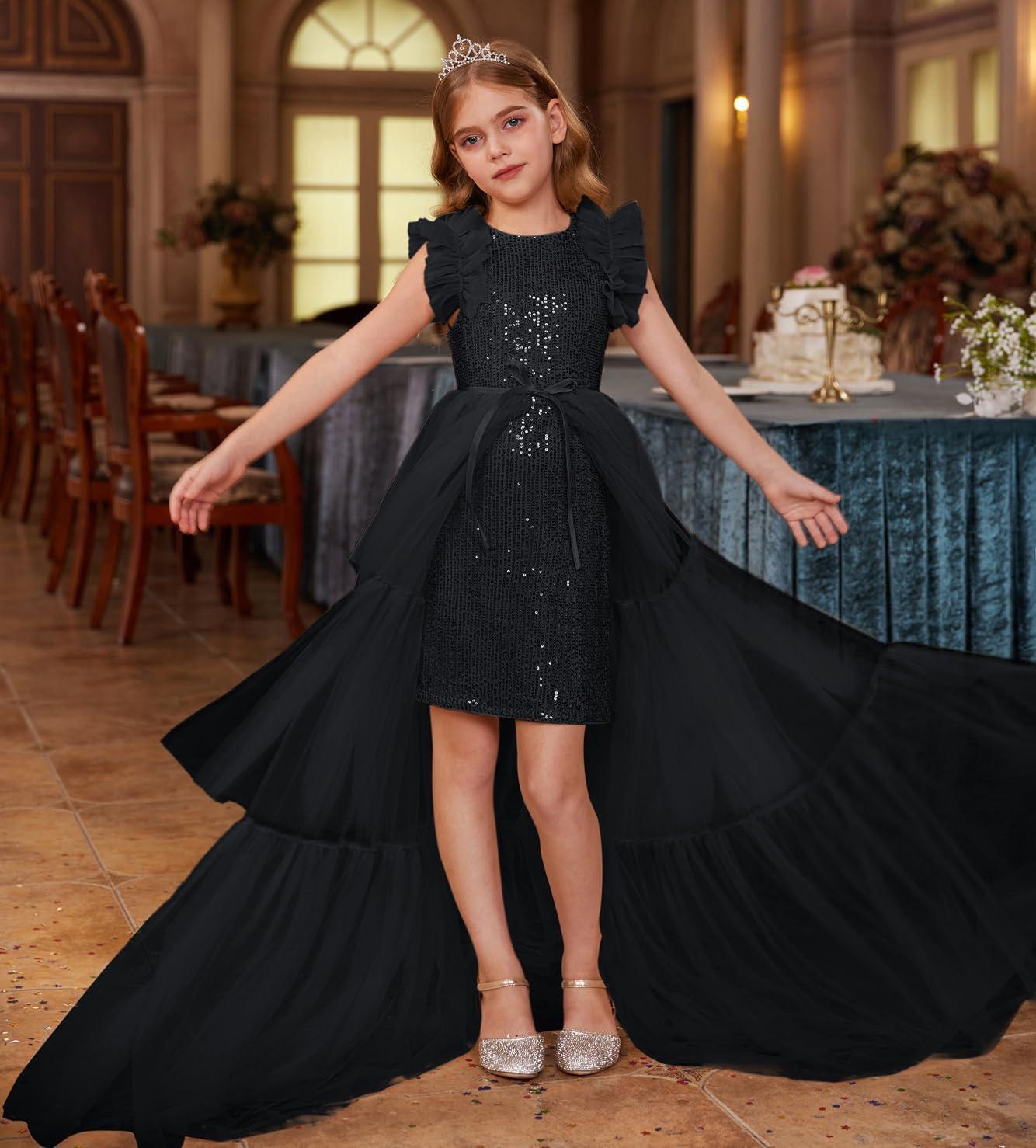 imageGRACE KARIN Girls Sequin Dress Formal Pageant Sparkle Party Ruffle Prom Maxi Dress Size 514YBlack