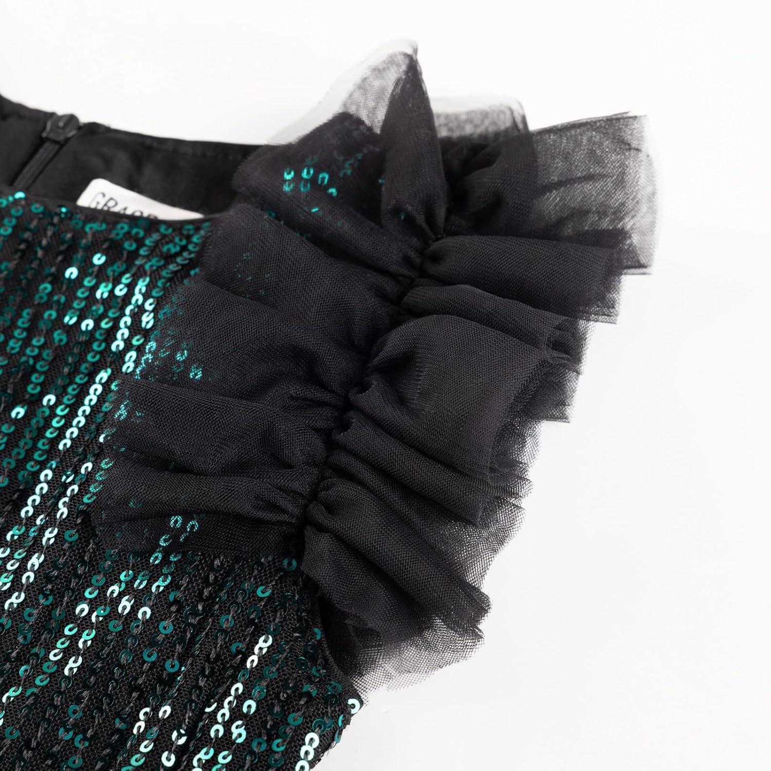 imageGRACE KARIN Girls Sequin Dress Formal Pageant Sparkle Party Ruffle Prom Maxi Dress Size 514YBlack Green