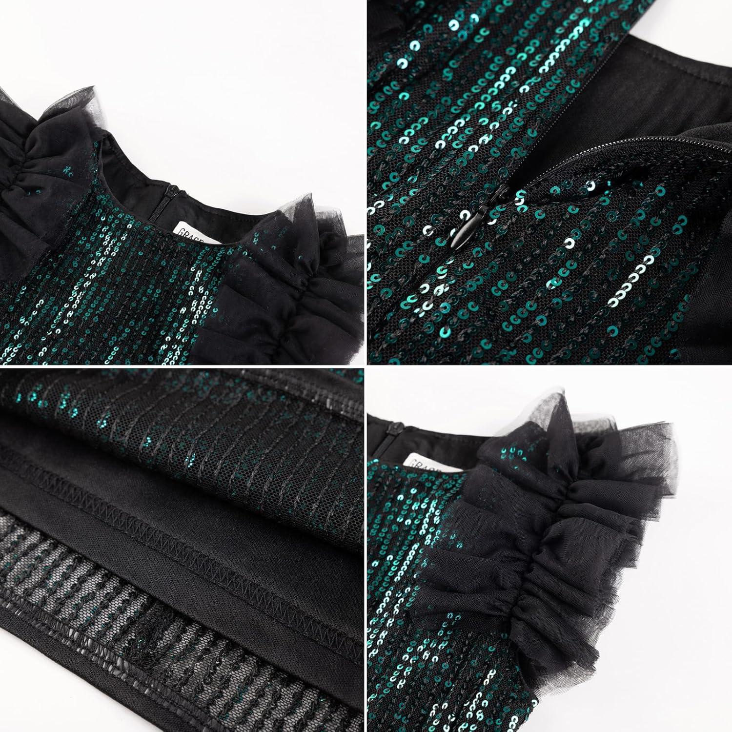 imageGRACE KARIN Girls Sequin Dress Formal Pageant Sparkle Party Ruffle Prom Maxi Dress Size 514YBlack Green