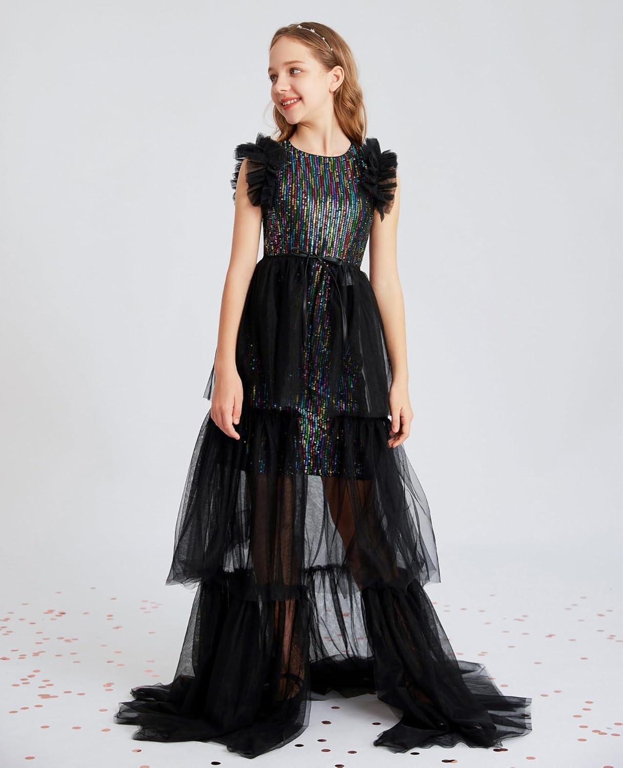 imageGRACE KARIN Girls Sequin Dress Formal Pageant Sparkle Party Ruffle Prom Maxi Dress Size 514YBlack Multicolor