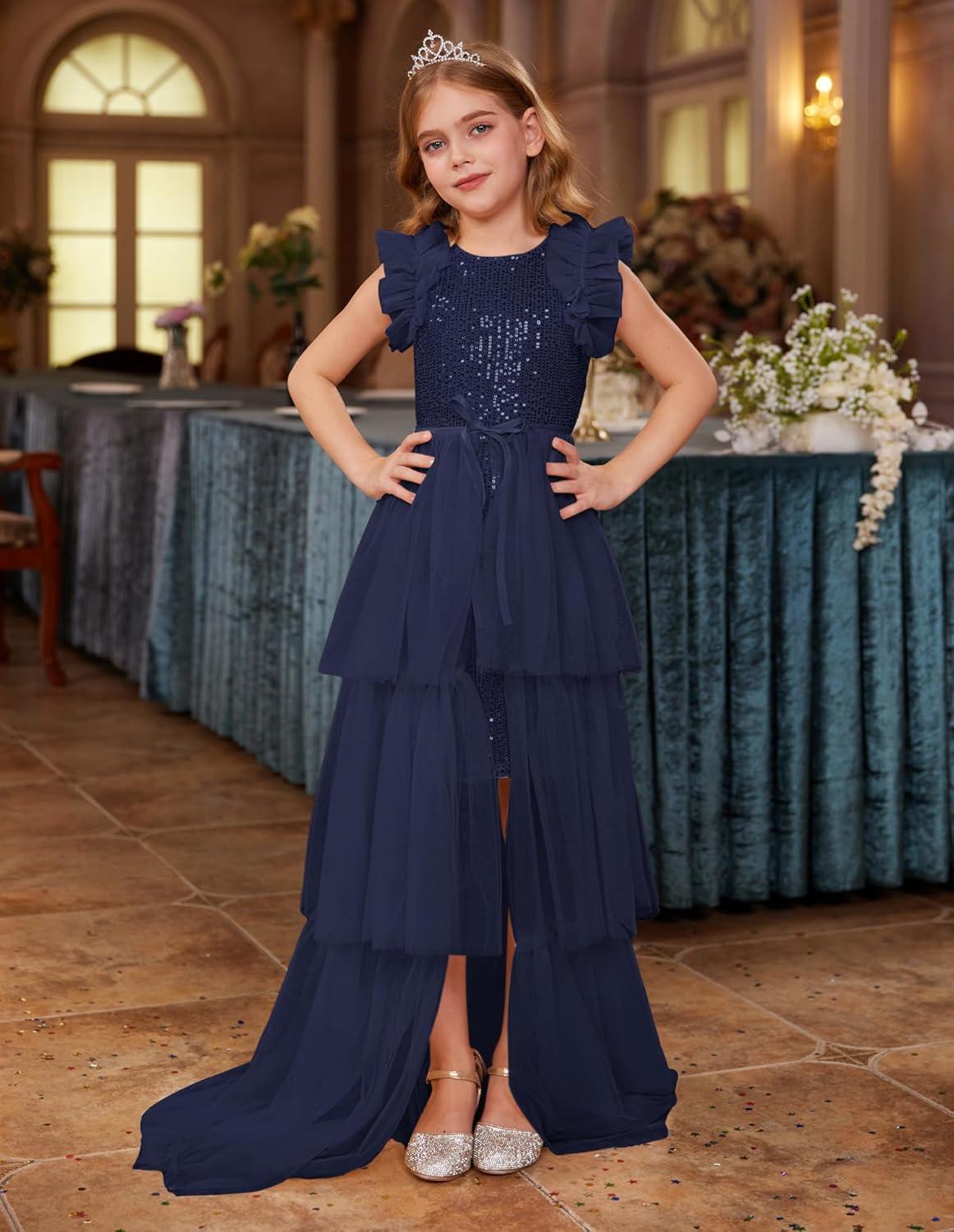 imageGRACE KARIN Girls Sequin Dress Formal Pageant Sparkle Party Ruffle Prom Maxi Dress Size 514YDark Blue
