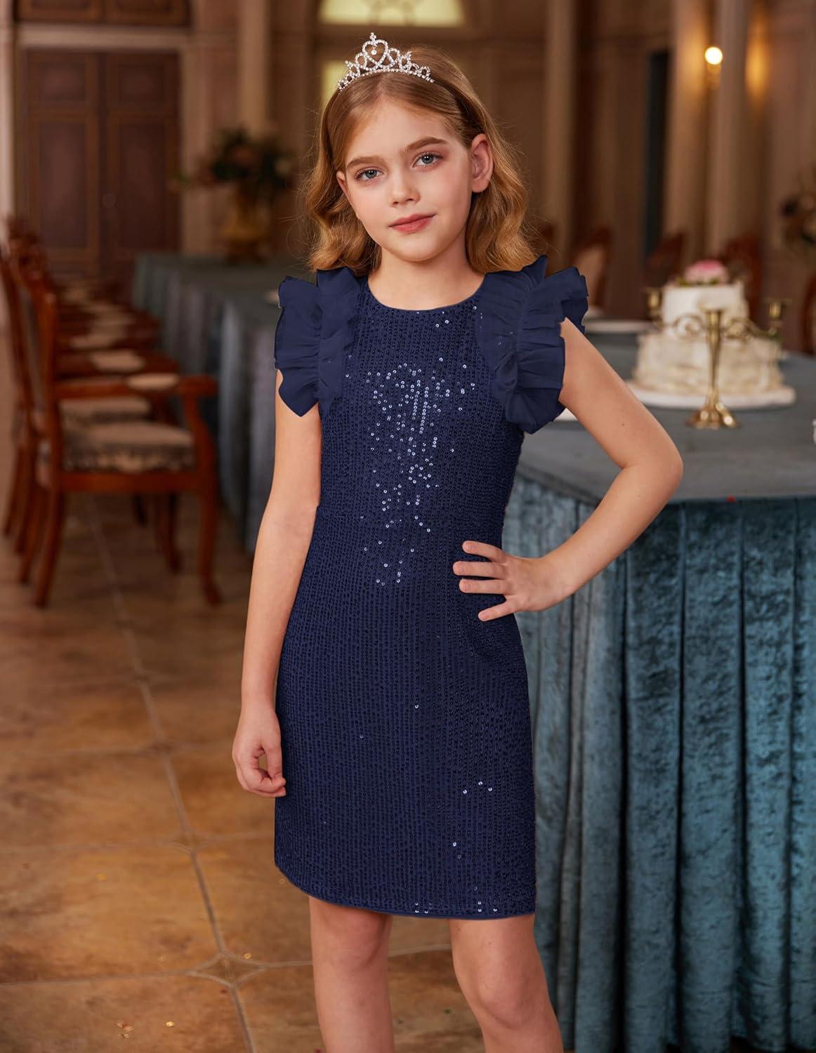 imageGRACE KARIN Girls Sequin Dress Formal Pageant Sparkle Party Ruffle Prom Maxi Dress Size 514YDark Blue