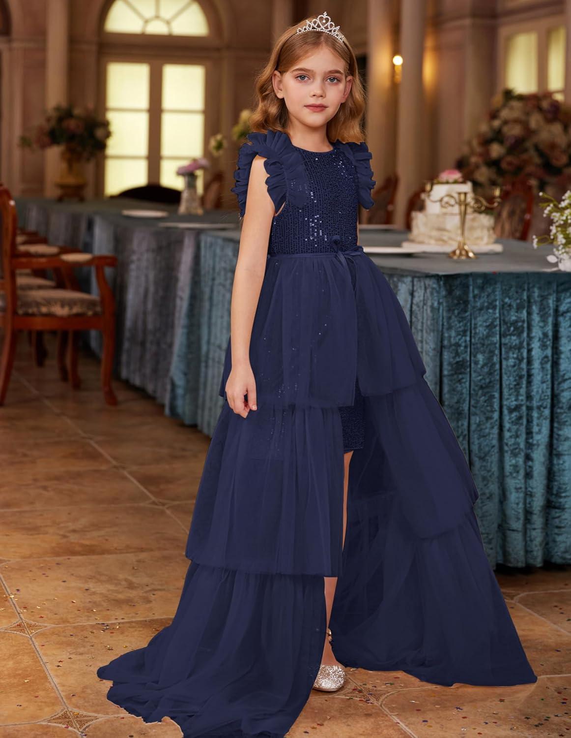 imageGRACE KARIN Girls Sequin Dress Formal Pageant Sparkle Party Ruffle Prom Maxi Dress Size 514YDark Blue