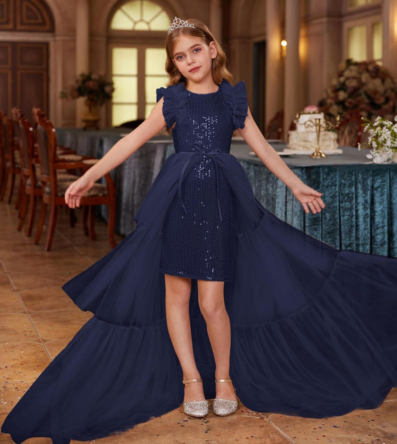 imageGRACE KARIN Girls Sequin Dress Formal Pageant Sparkle Party Ruffle Prom Maxi Dress Size 514YDark Blue