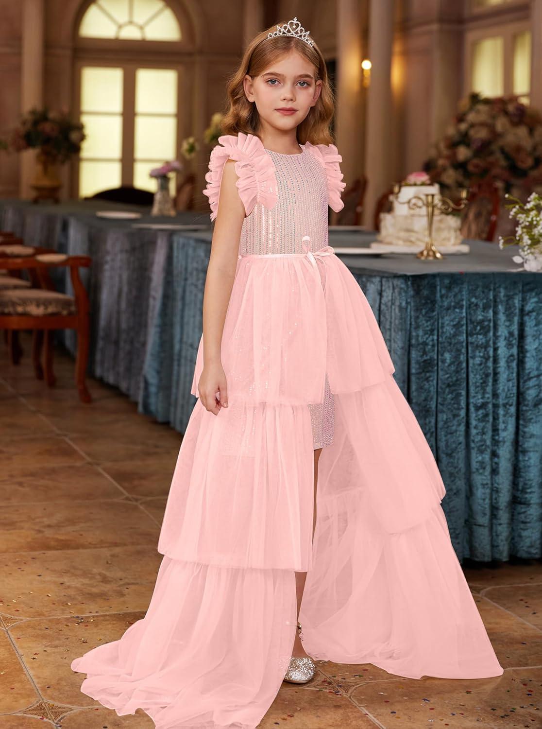 imageGRACE KARIN Girls Sequin Dress Formal Pageant Sparkle Party Ruffle Prom Maxi Dress Size 514YFantasy Pink
