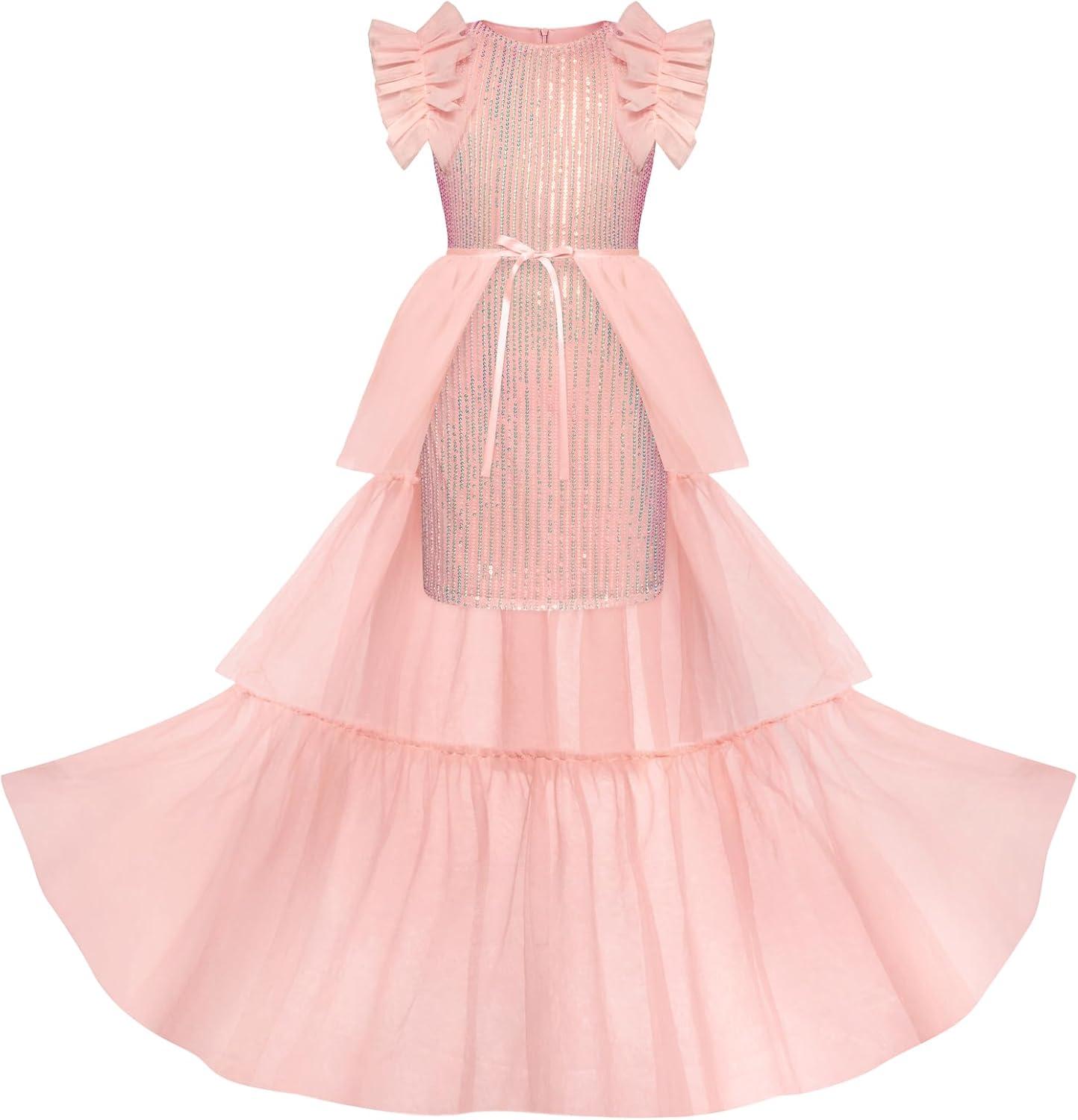 imageGRACE KARIN Girls Sequin Dress Formal Pageant Sparkle Party Ruffle Prom Maxi Dress Size 514YFantasy Pink