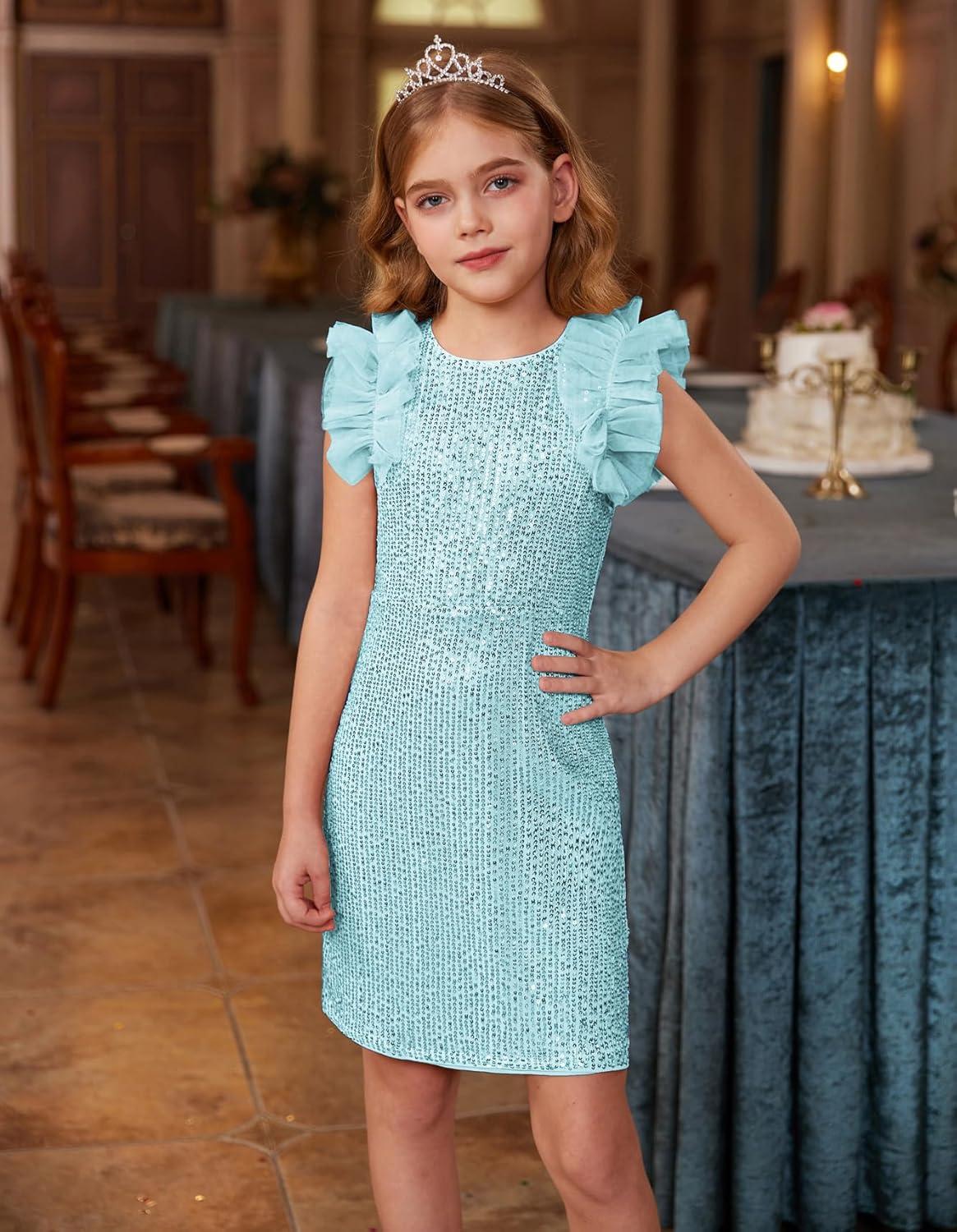 imageGRACE KARIN Girls Sequin Dress Formal Pageant Sparkle Party Ruffle Prom Maxi Dress Size 514YLight Green