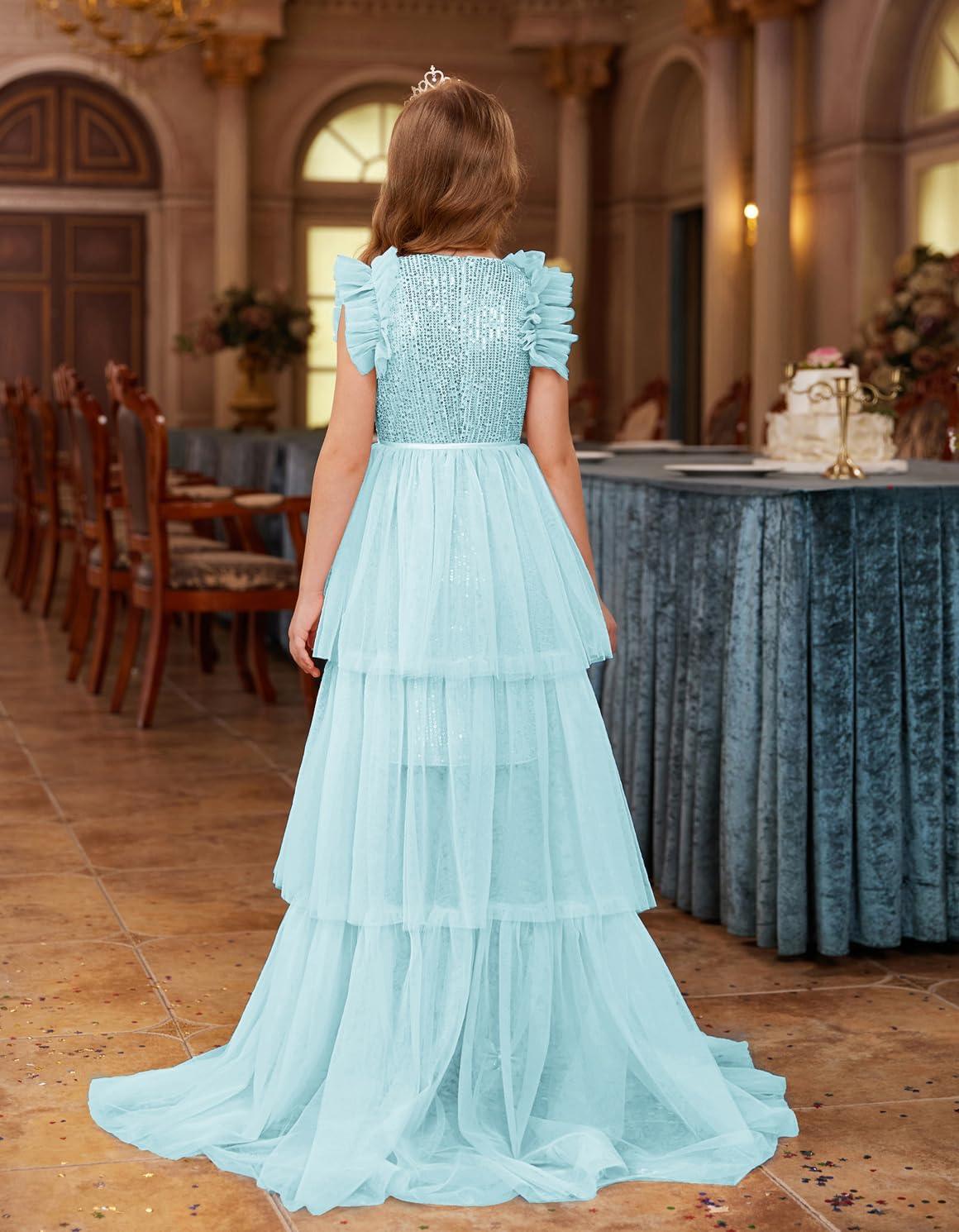 imageGRACE KARIN Girls Sequin Dress Formal Pageant Sparkle Party Ruffle Prom Maxi Dress Size 514YLight Green