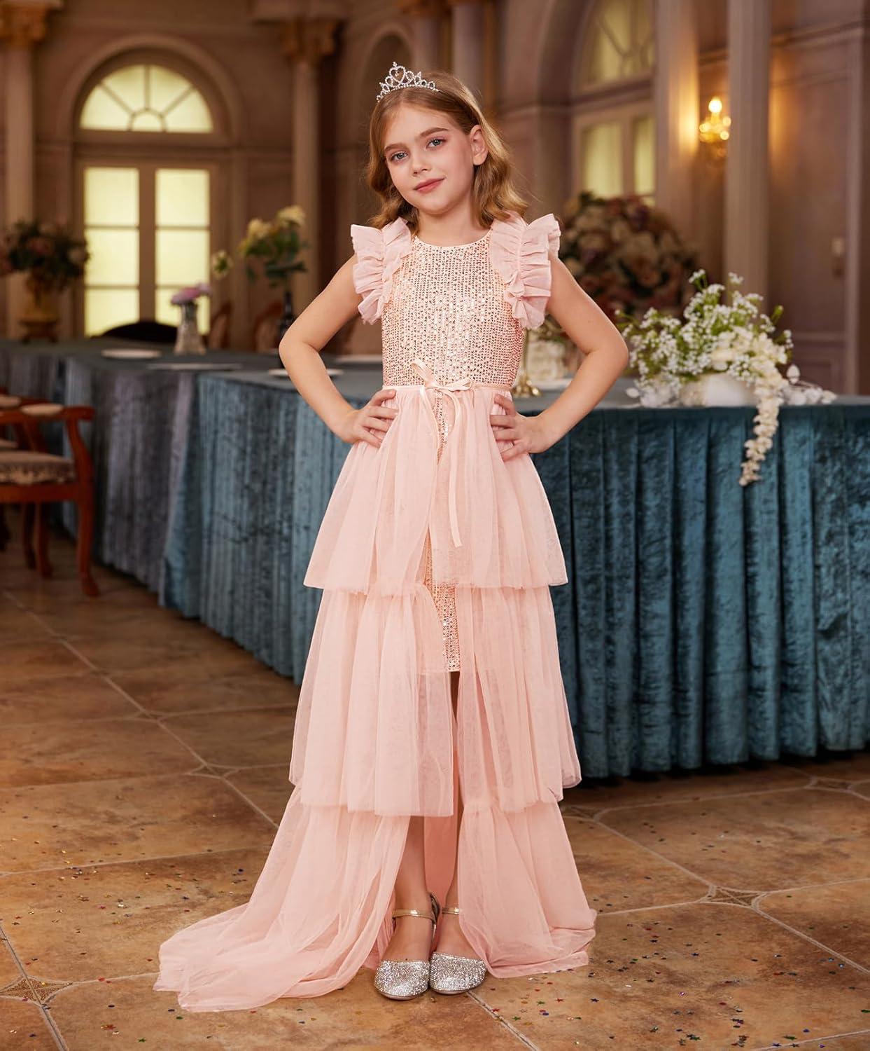 imageGRACE KARIN Girls Sequin Dress Formal Pageant Sparkle Party Ruffle Prom Maxi Dress Size 514YLight Pink