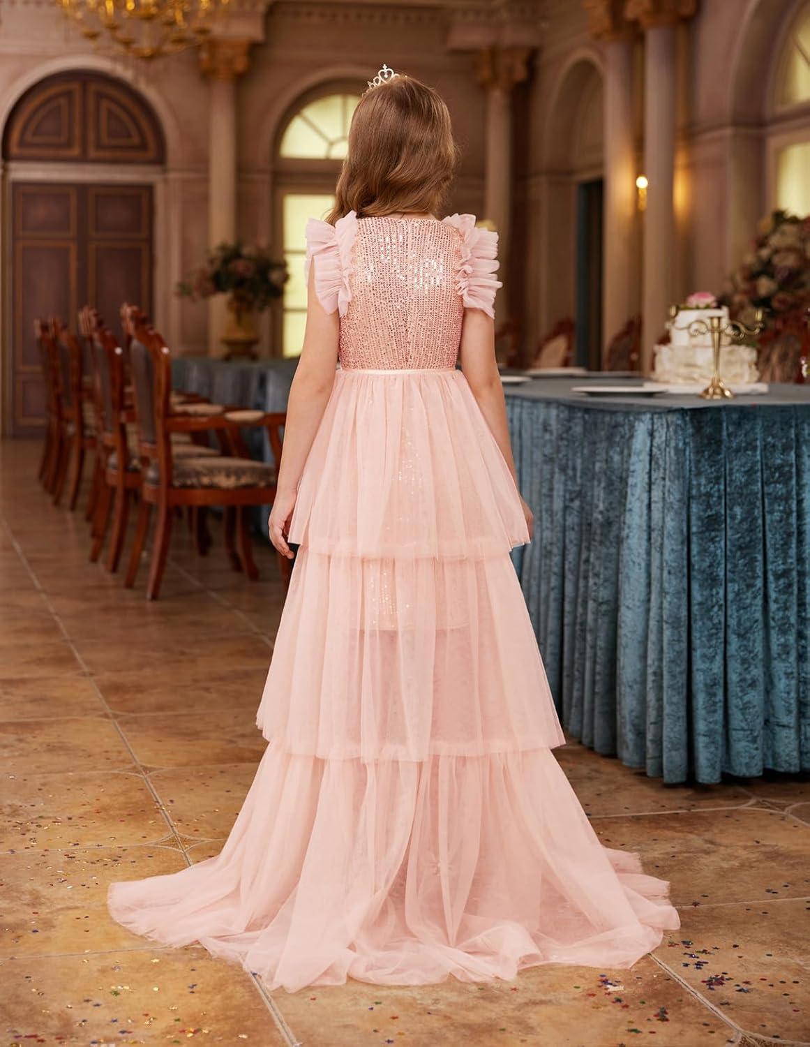 imageGRACE KARIN Girls Sequin Dress Formal Pageant Sparkle Party Ruffle Prom Maxi Dress Size 514YLight Pink