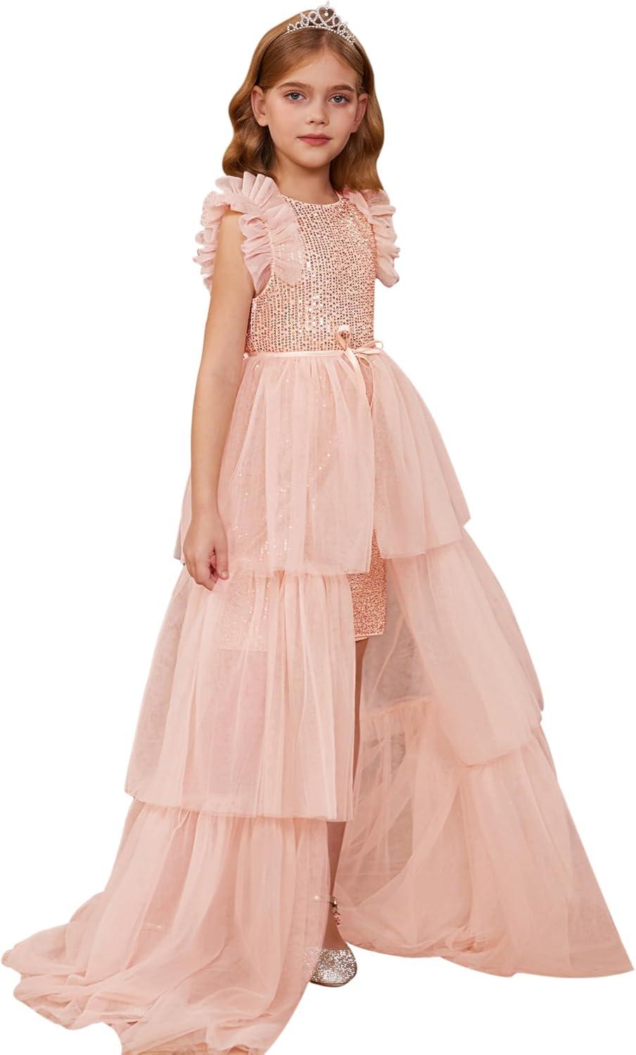 imageGRACE KARIN Girls Sequin Dress Formal Pageant Sparkle Party Ruffle Prom Maxi Dress Size 514YLight Pink