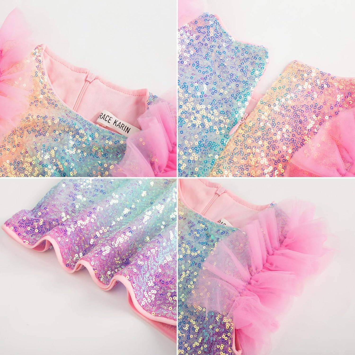 imageGRACE KARIN Girls Sequin Dress Formal Pageant Sparkle Party Ruffle Prom Maxi Dress Size 514YRainbow Multicolor